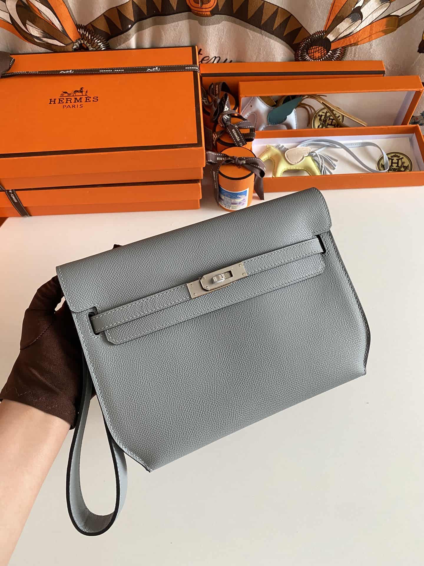 Hermes Kelly Depeches 25 Pouch Epsom Leather Blue Lin WAX High