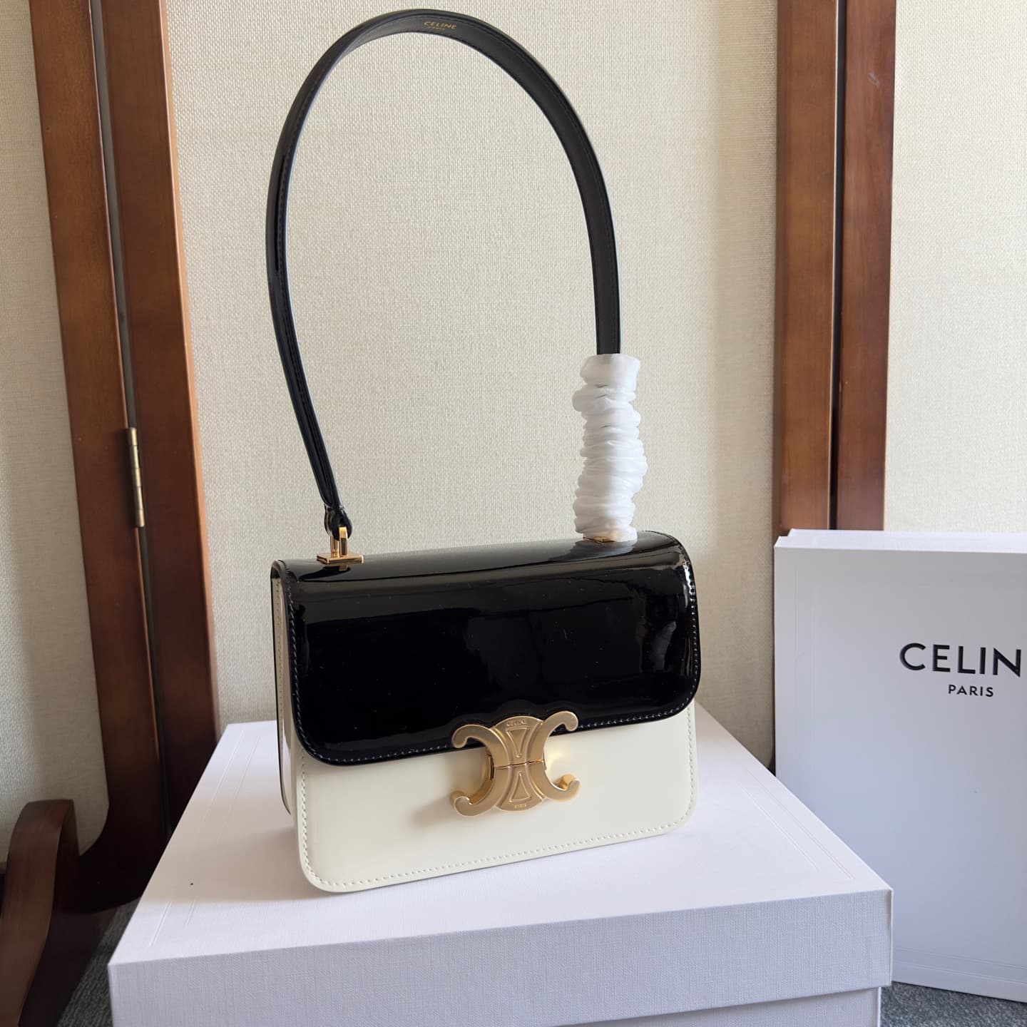 Celine Teen Garance Shoulder Bag in Black-White Patent Calfskin High