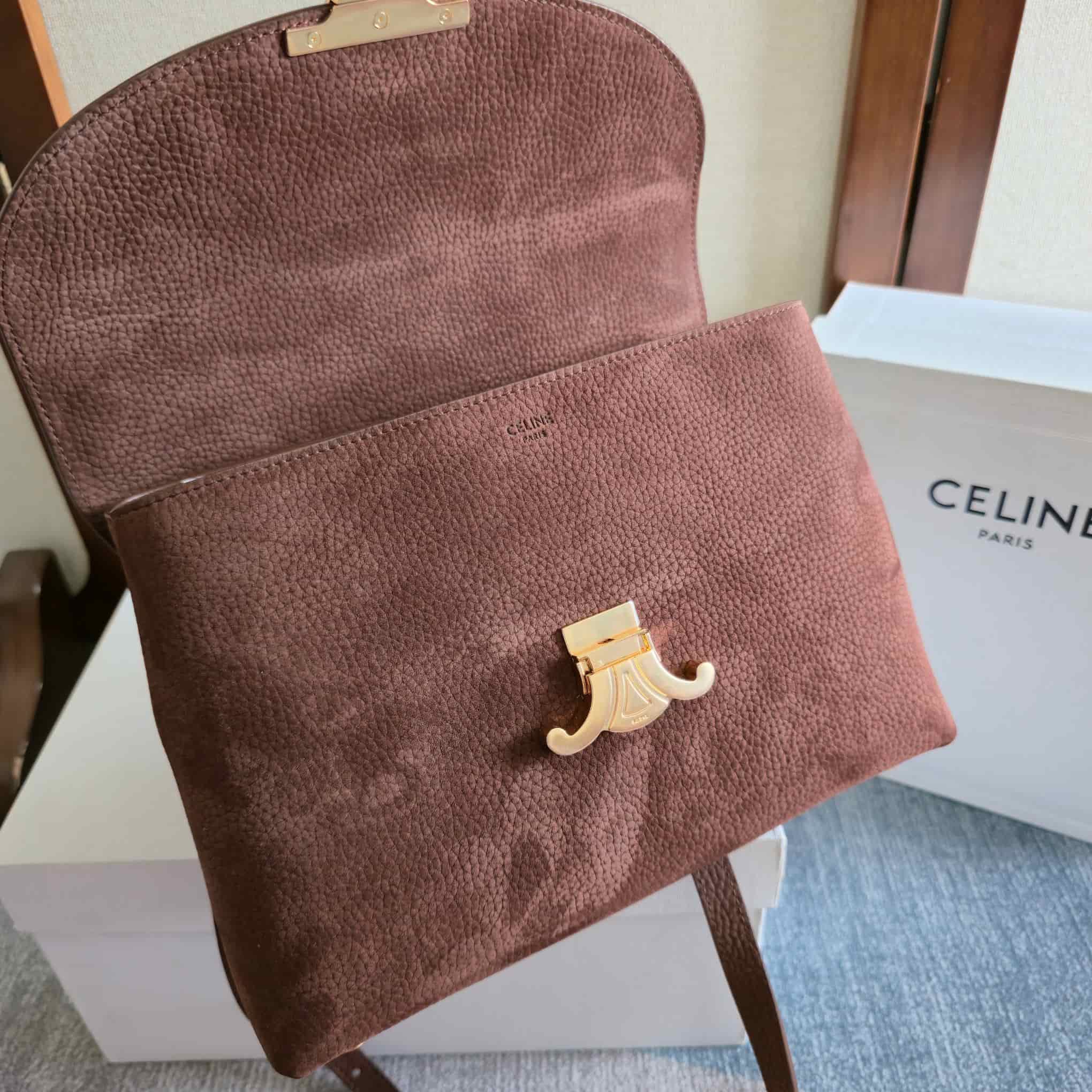 Celine Small Nino Bag in Chestnut Grained Nubuck Calfskin High
