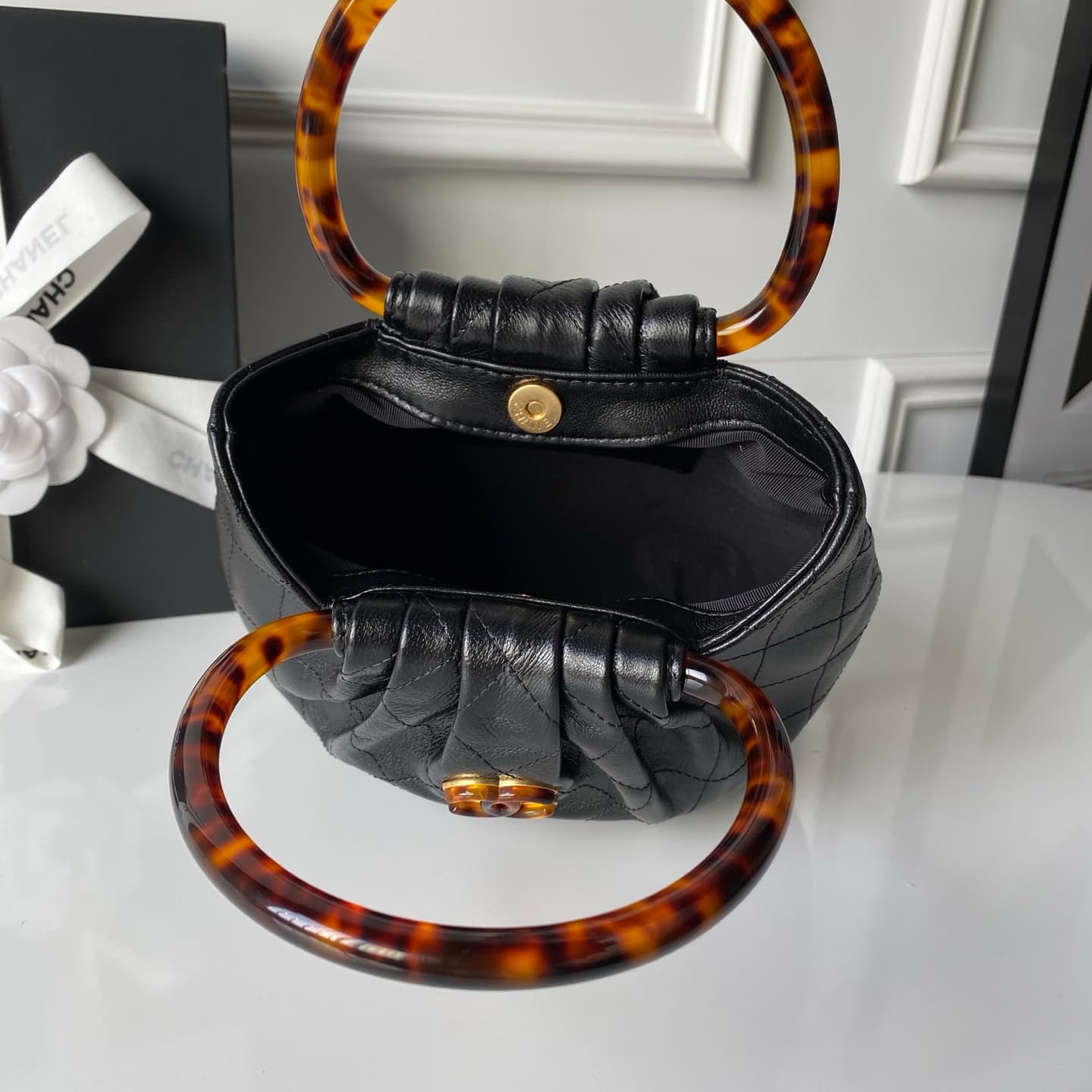 Chanel Small Hobo Bag Lambskin-Shell Effect Plexi & Gold-Tone Metal Black AS6022 High