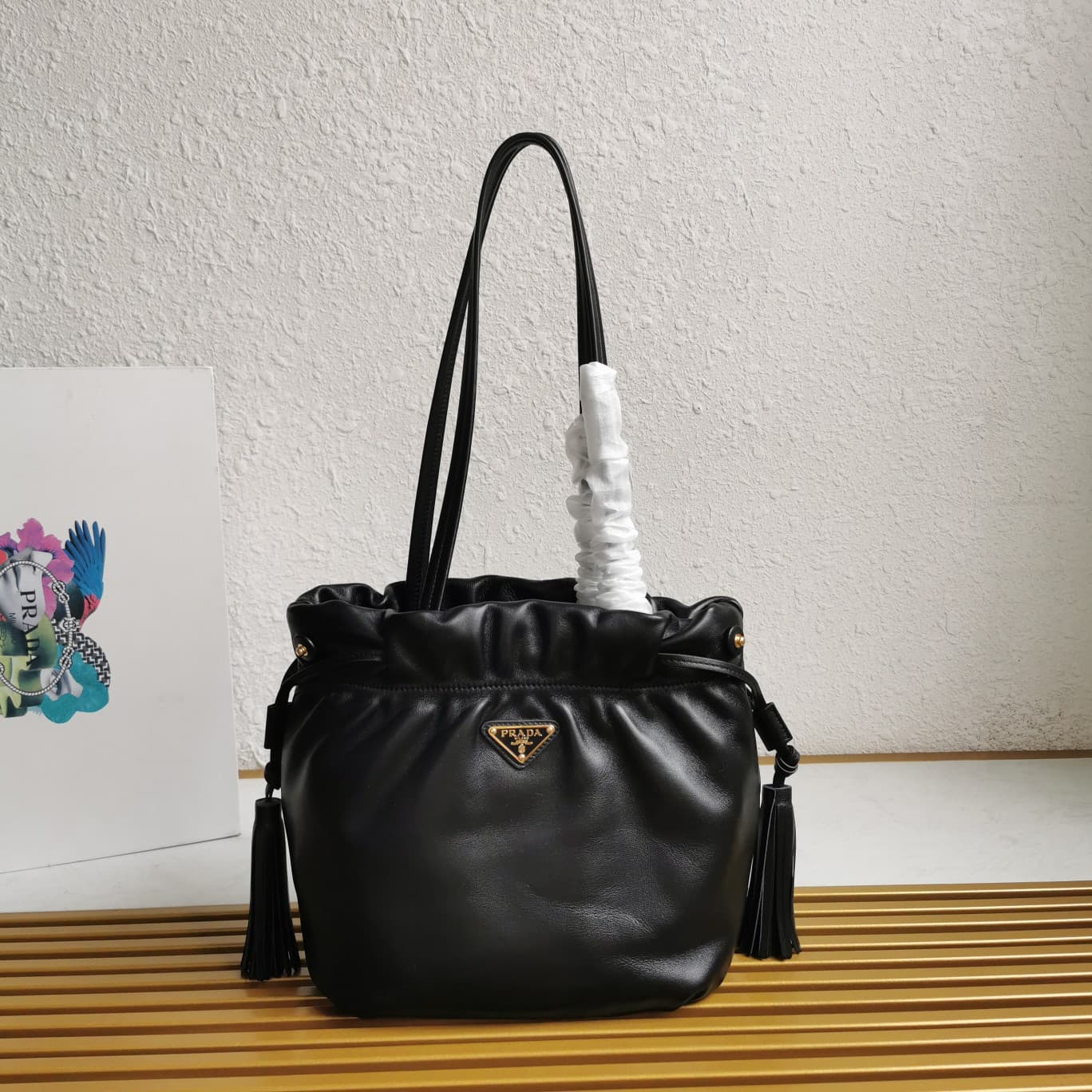 Prada Nappa Drawstring Tote Bag Lambskin Black 1BG541 High