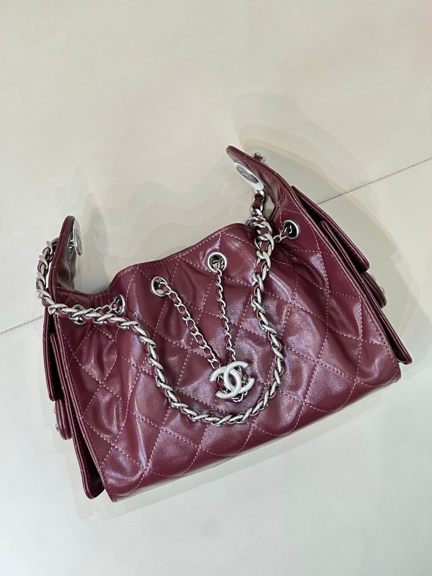 CHANEL 25 Mini Handbag AS5631 Shiny Calfskin & Silver-tone Metal Burgundy TOP