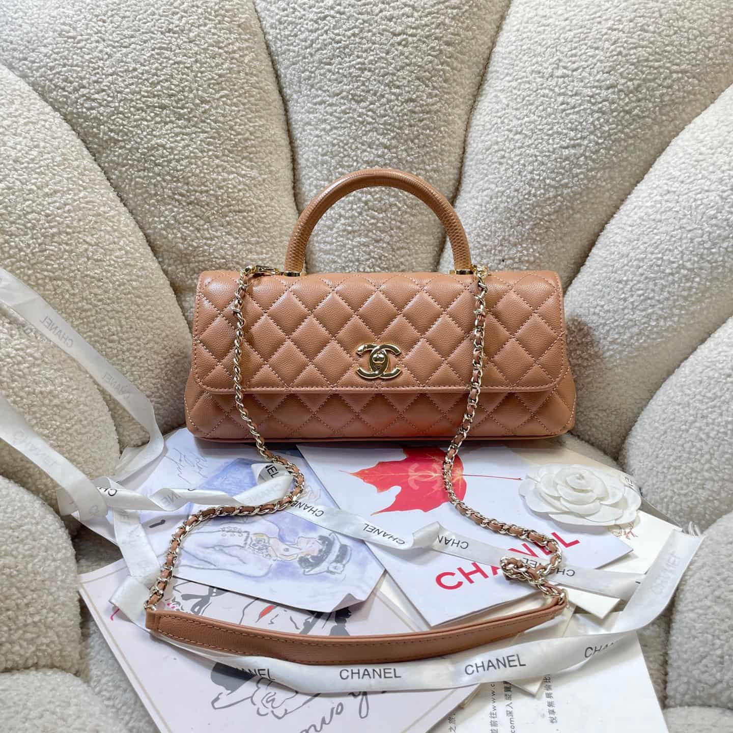 Chanel Maxi Flap Bag with Top Handle Grained Calfskin& Gold-Tone Metal AS6091 Caramel A