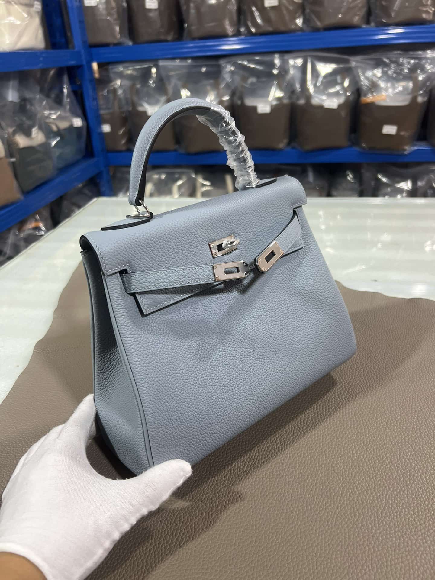 Hermes Kelly 25/28/32cm Retourne Bag Togo Leather In Grey-Blue WAX High