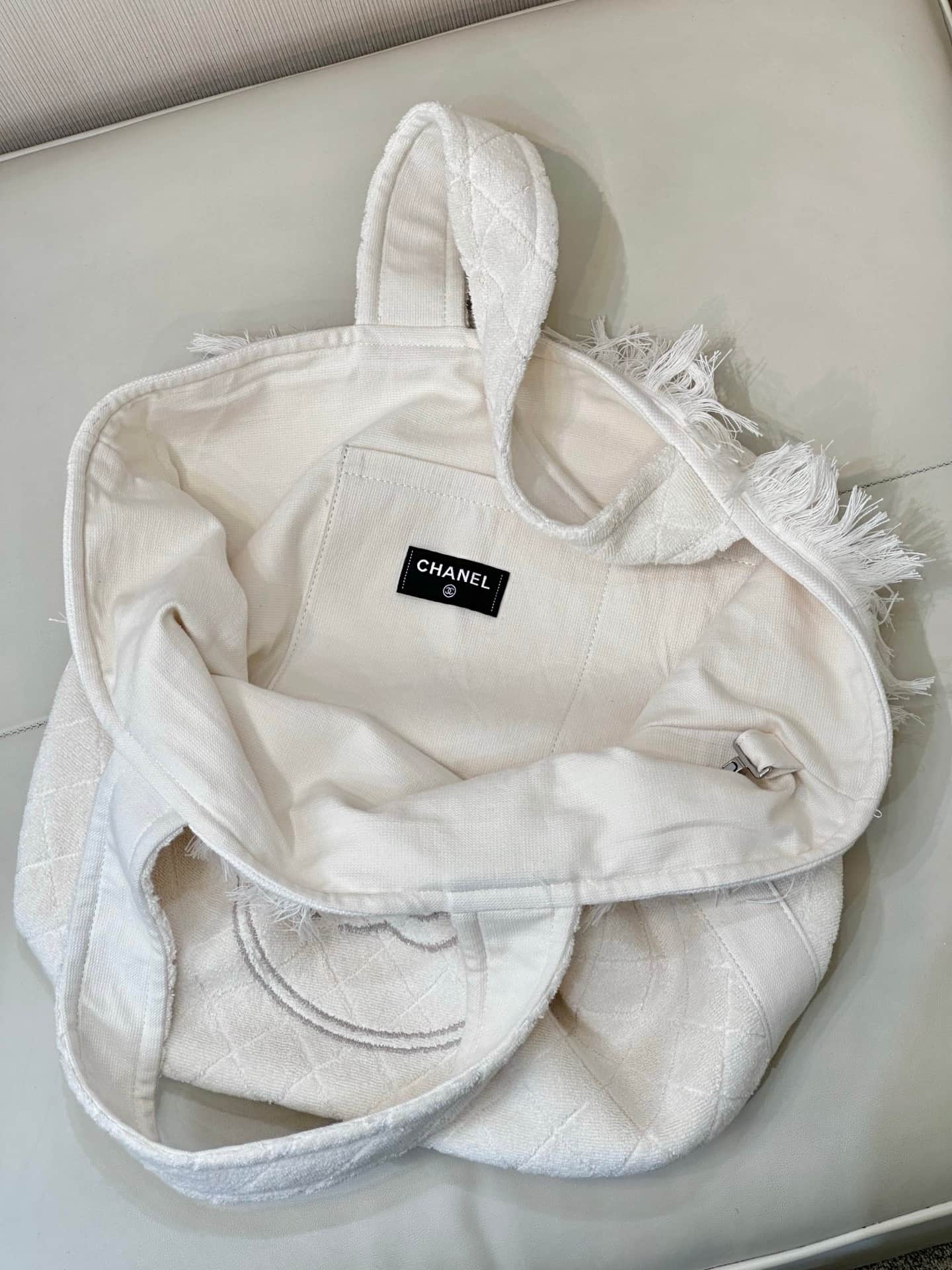 Chanel Beach Hobo Handbag Quilted White Terry Cloth TOP