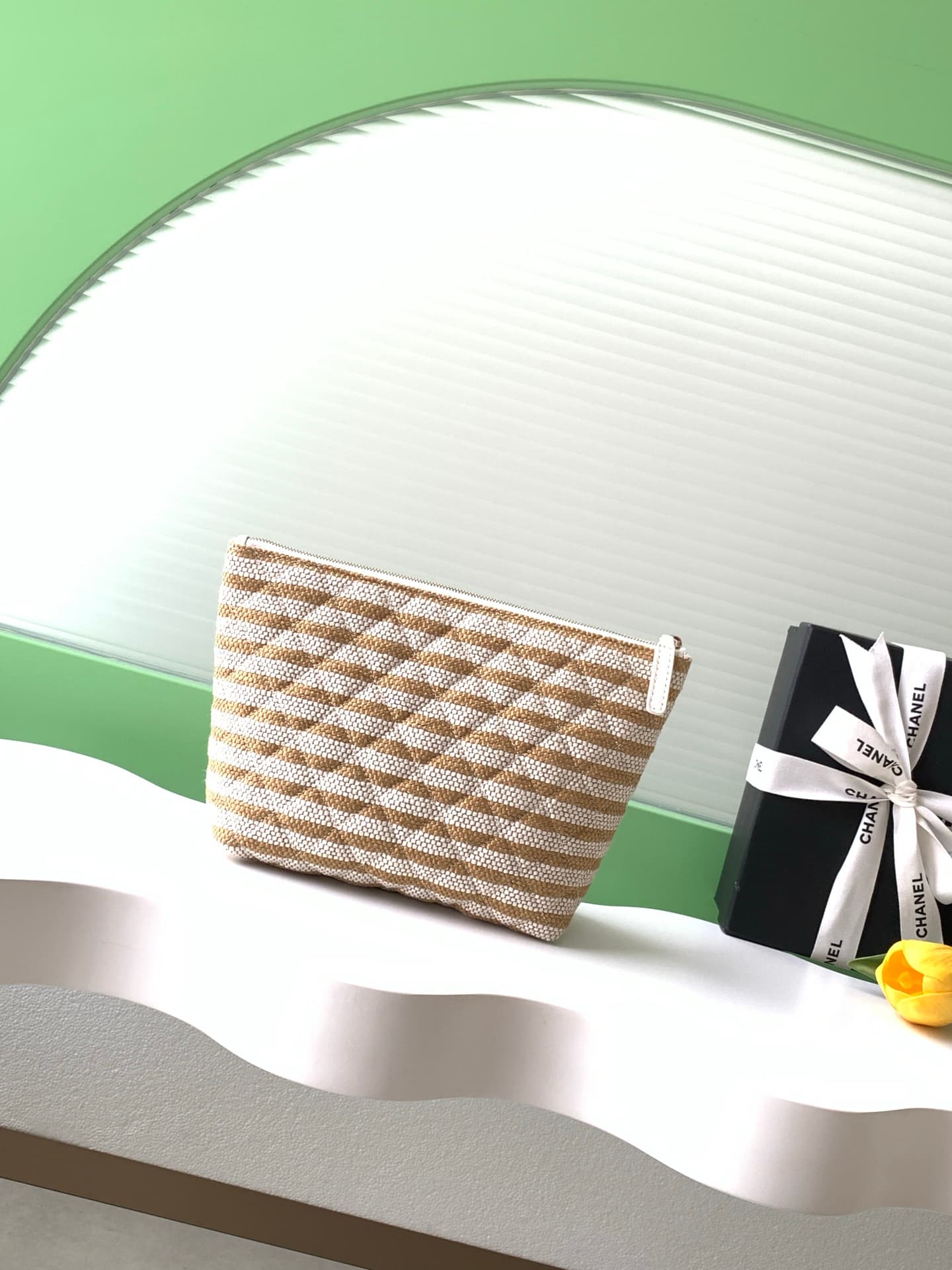 Chanel Zipped Case Printed Fabric & Gold-Tone Metal Beige & White AS4989 A