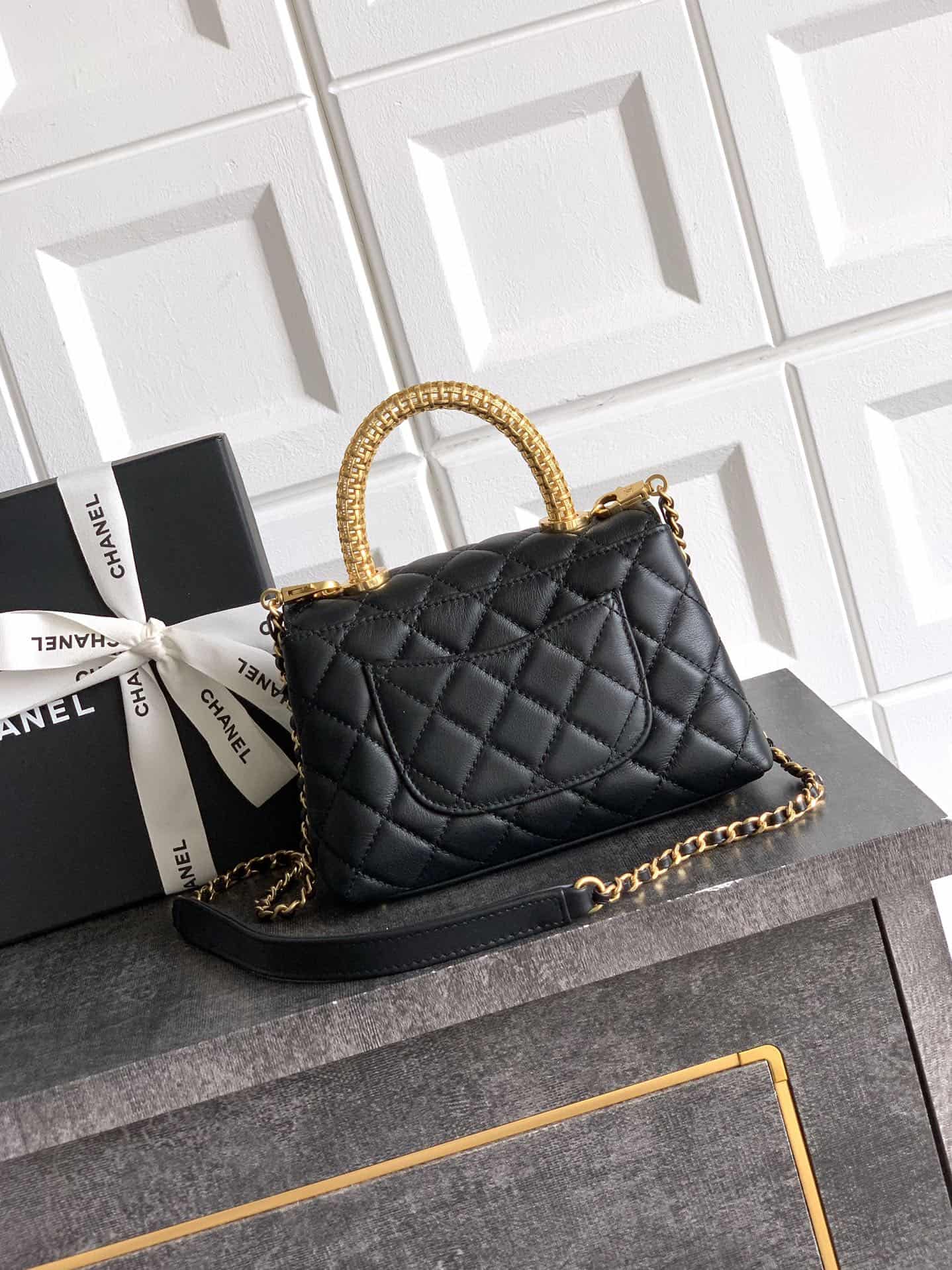 MINI FLAP BAG WITH TOP HANDLE AS2215 Calfskin, Strass & Gold-Tone Metal Black A
