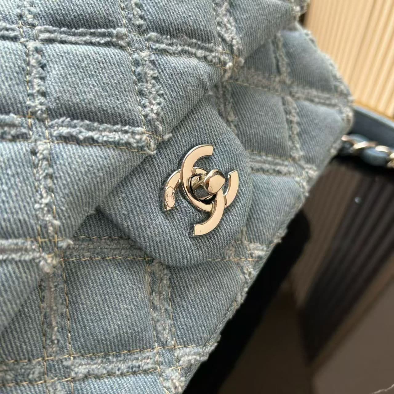 Chanel Mini Flap Bag Distressed Quilted Denim & Silver-Tone Metal Blue A