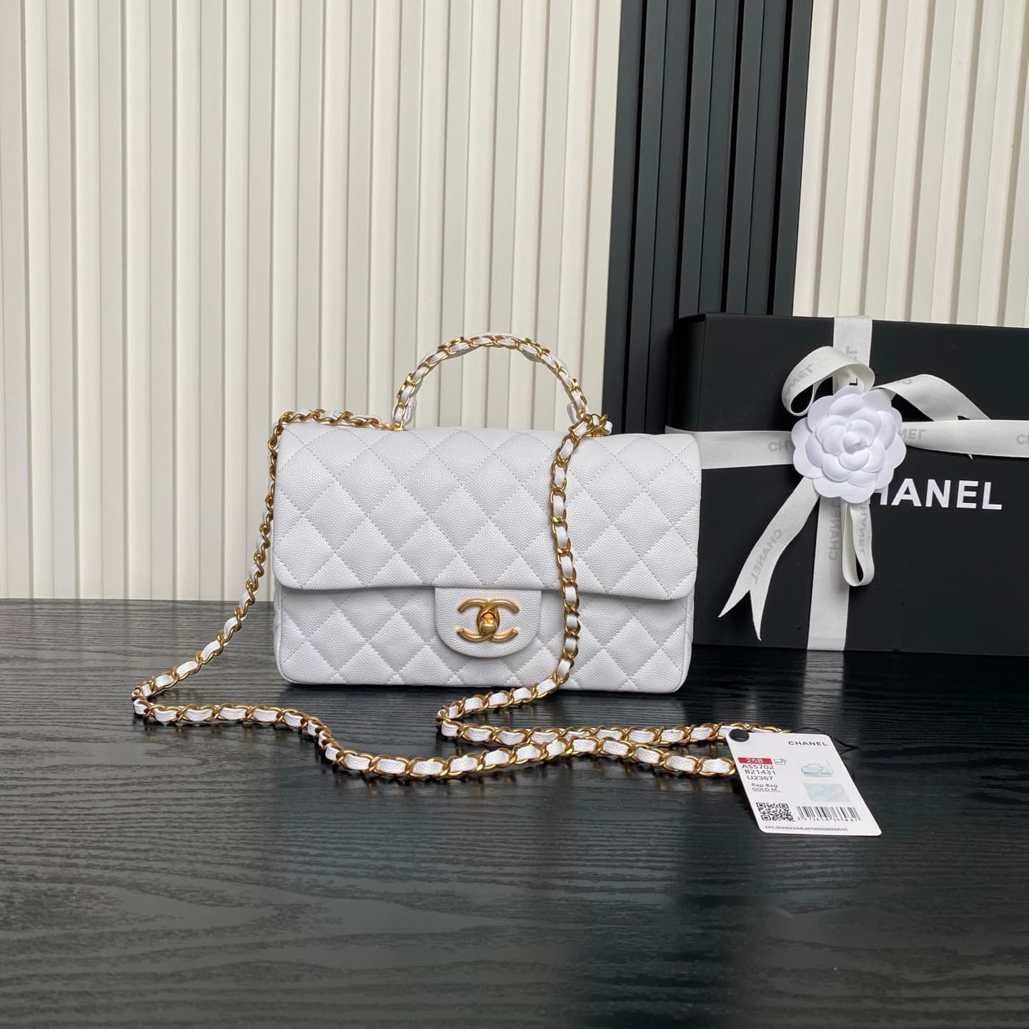 Chanel Small Flap Bag with Top Handle Grained Shiny Calfskin &  Gold-Tone Metal White AS5702 A
