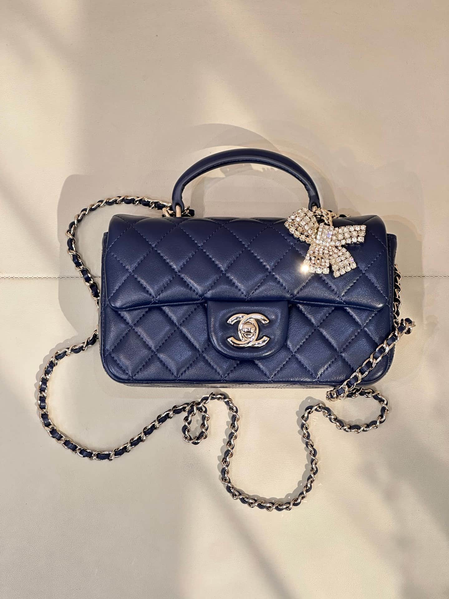 Chanel Mini Classic Handbag Lambskin Strass & Gold-Tone Metal AS2431 dark blue TOP