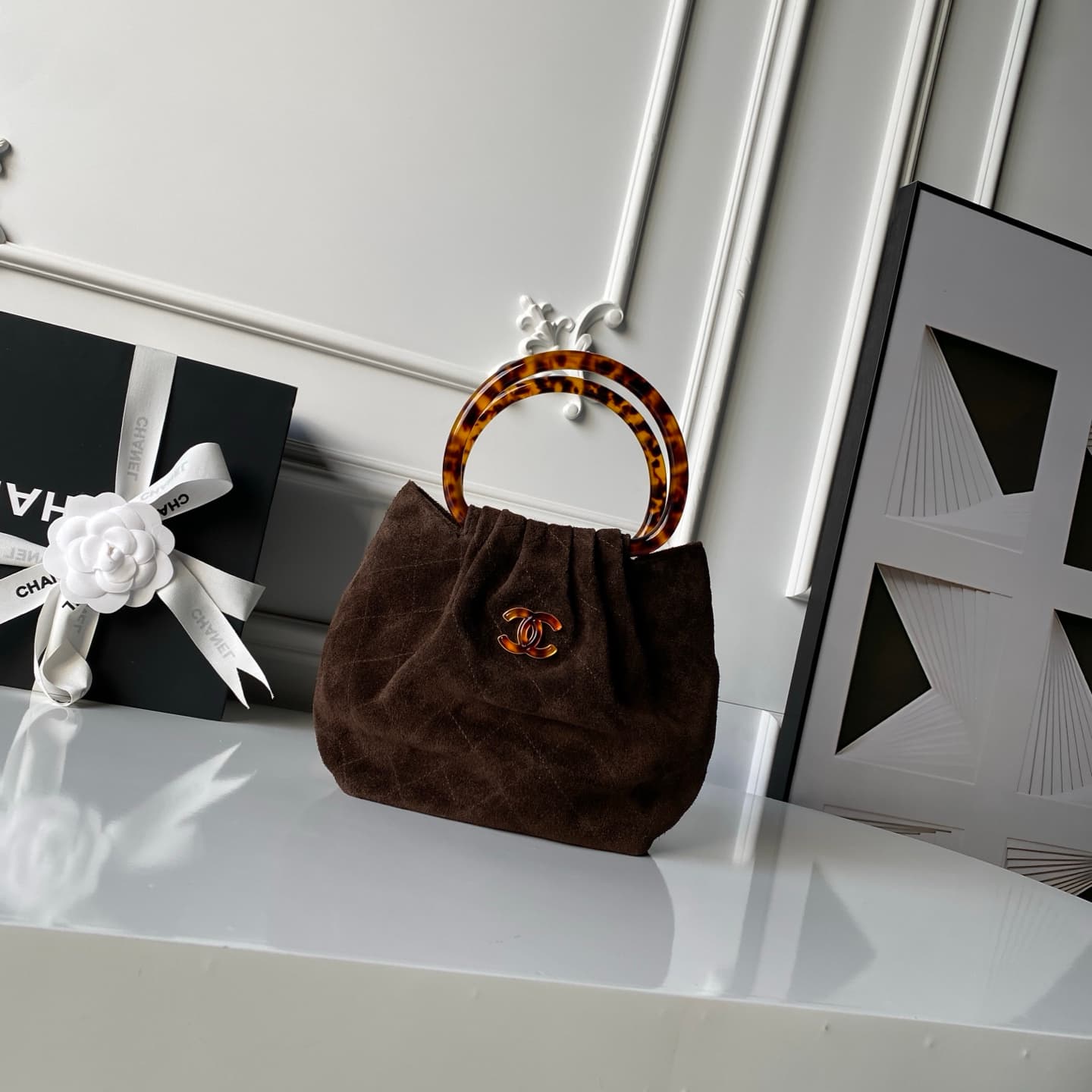 Chanel Small Hobo Bag Suede Calfskin Turtoise-Shell Effect Plexi & Gold-Tone Metal Brown AS6022 High