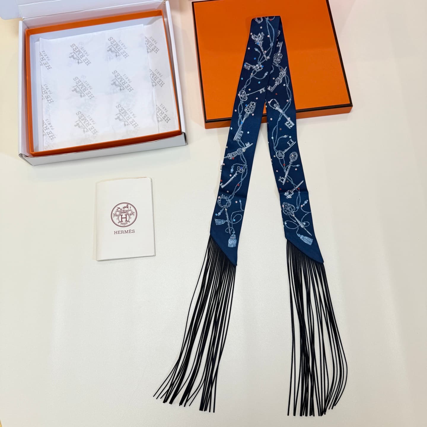 Hermes Les Cles a Pois Fringed Silk Twilly