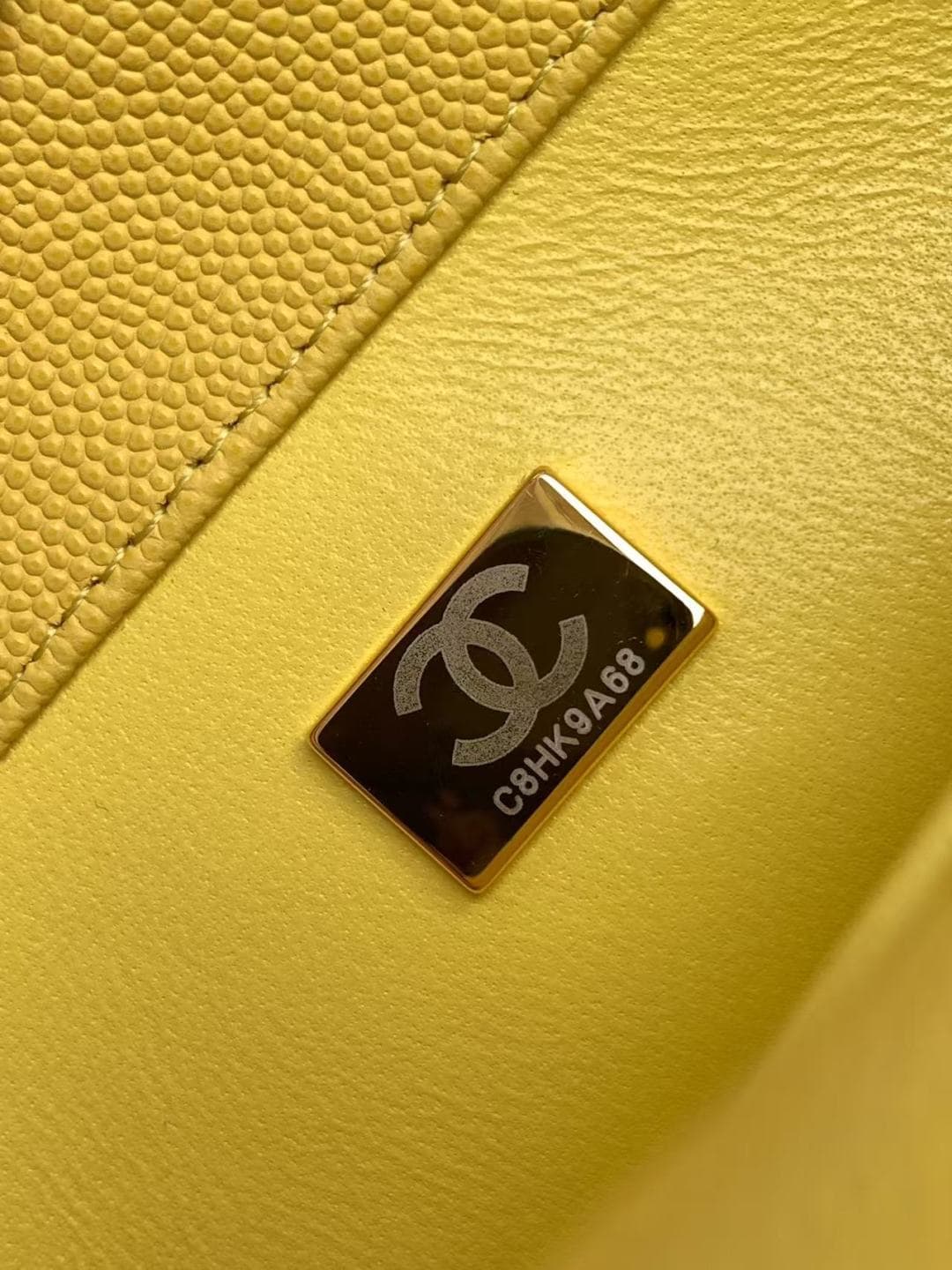 FLAP BAG WITH TOP HANDLE Grained Calfskin & Gold-Tone Metal A92990 Yellow Binding A