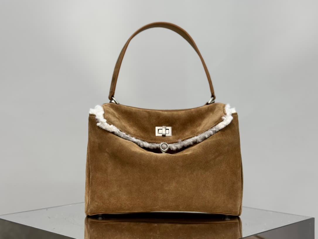 Balenciaga Rodeo Small Bag in Noce Suede Calfskin and White Fleece With Silver-Tone Metal TOP