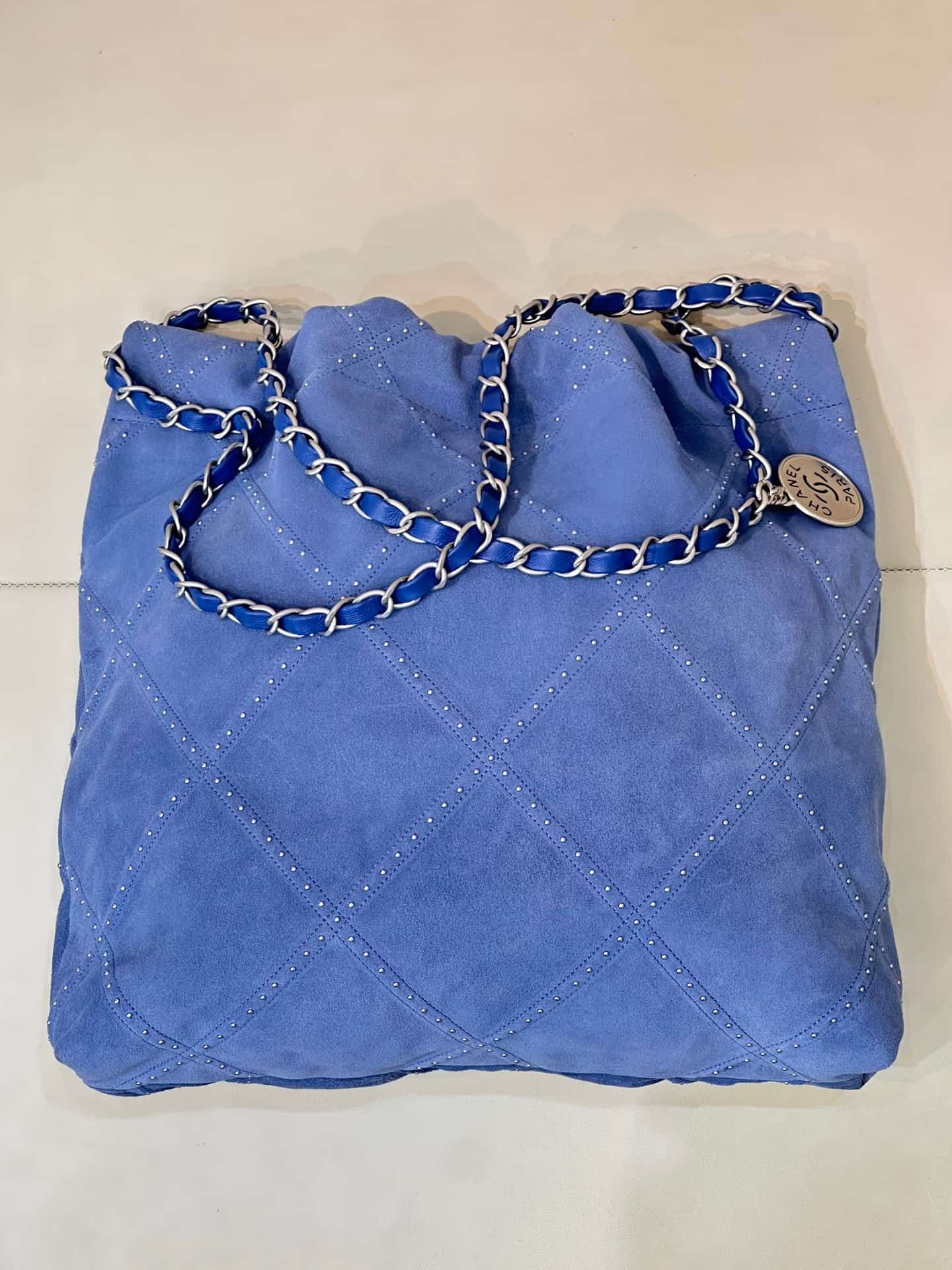 Chanel 22 Small handbag Suede calfskin studs & silver-tone metal AS3260 Blue TOP