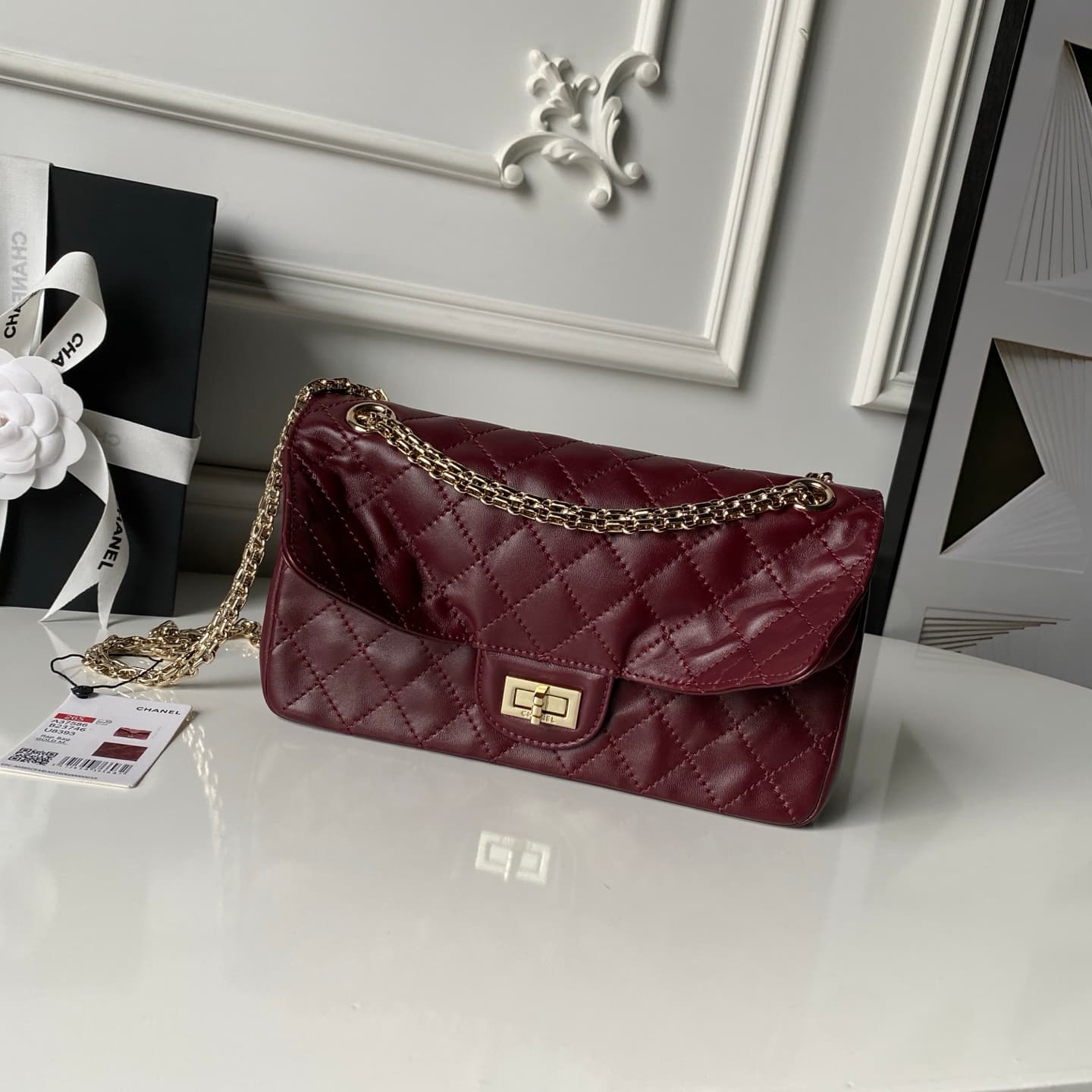 Chanel 2.55 Handbag Calfskin & Gold-Tone Metal Dark Burgundy A37586 A