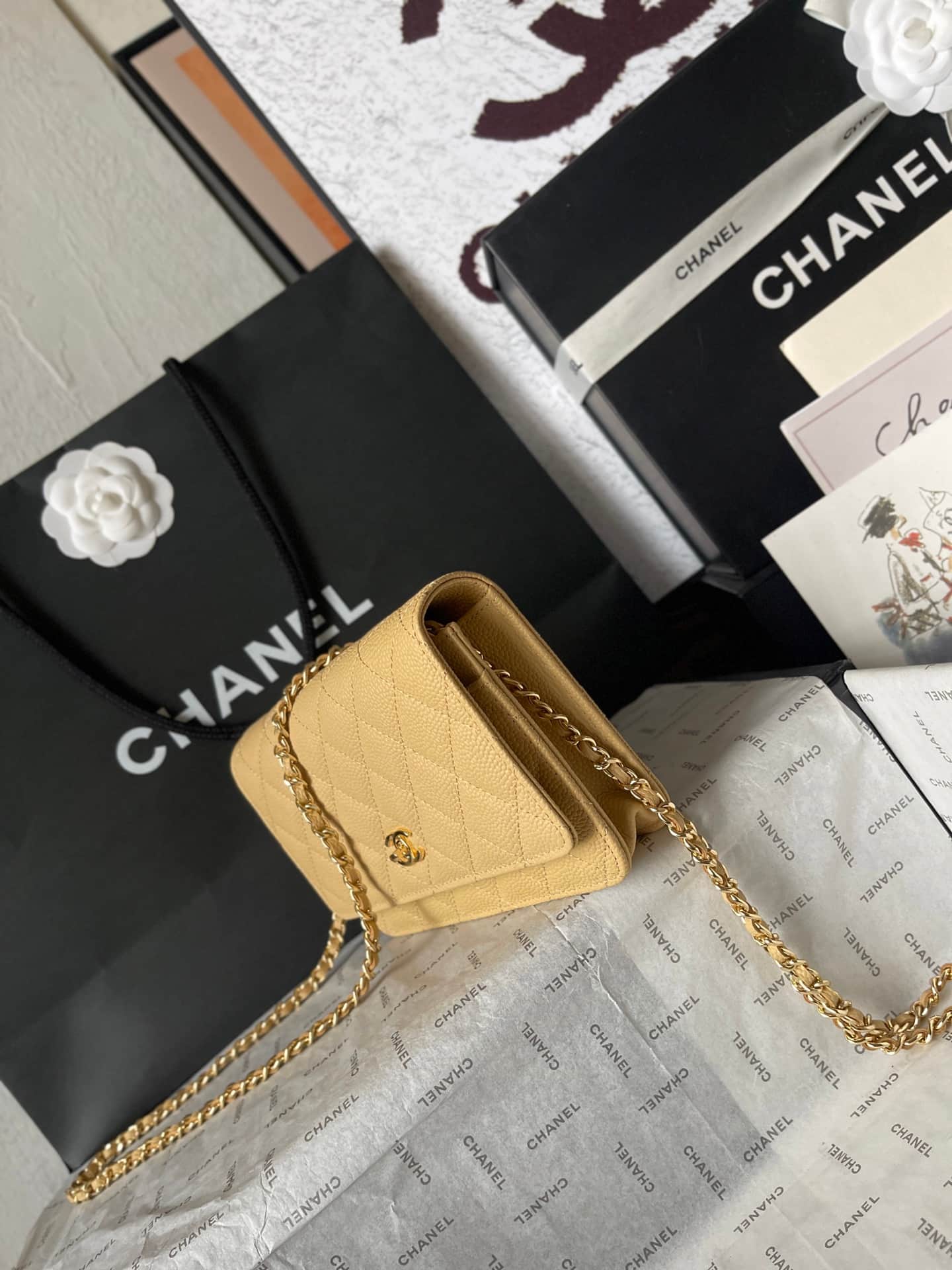Chanel Classic Wallet on Chain Grained Shiny Calfskin & Gold-Tone Metal AP4241 Beige A