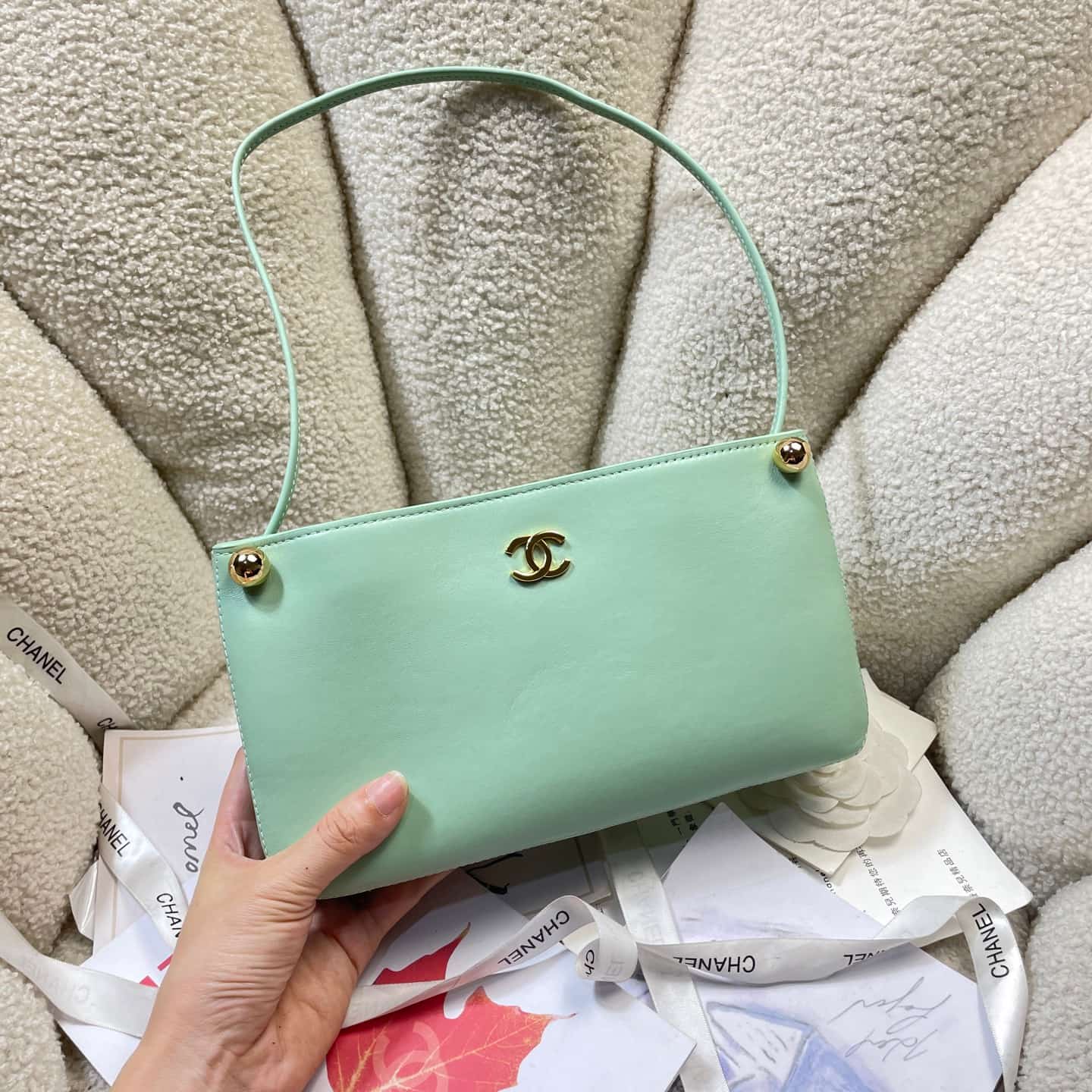 Chanel Shoulder Bag Shiny Calfskin& Gold-Tone Metal Green AS6238 High