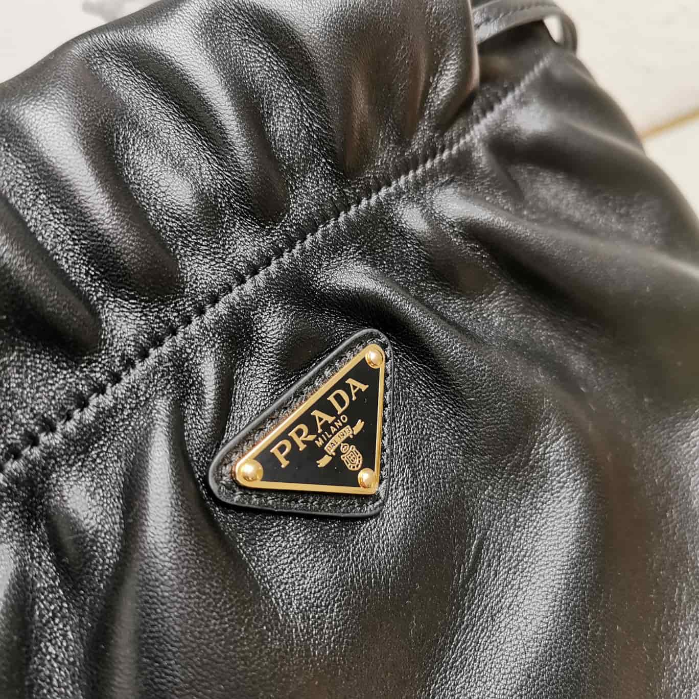 Prada Nappa Drawstring Tote Bag Lambskin Black 1BG541 High