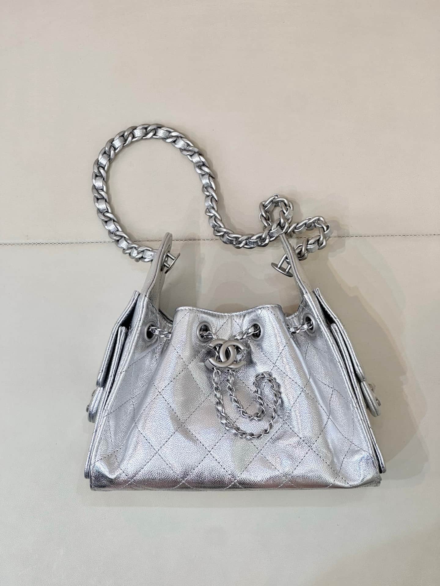 CHANEL 25 Mini Handbag AS5631 Grained Calfskin & Silver-tone Metal Silver TOP