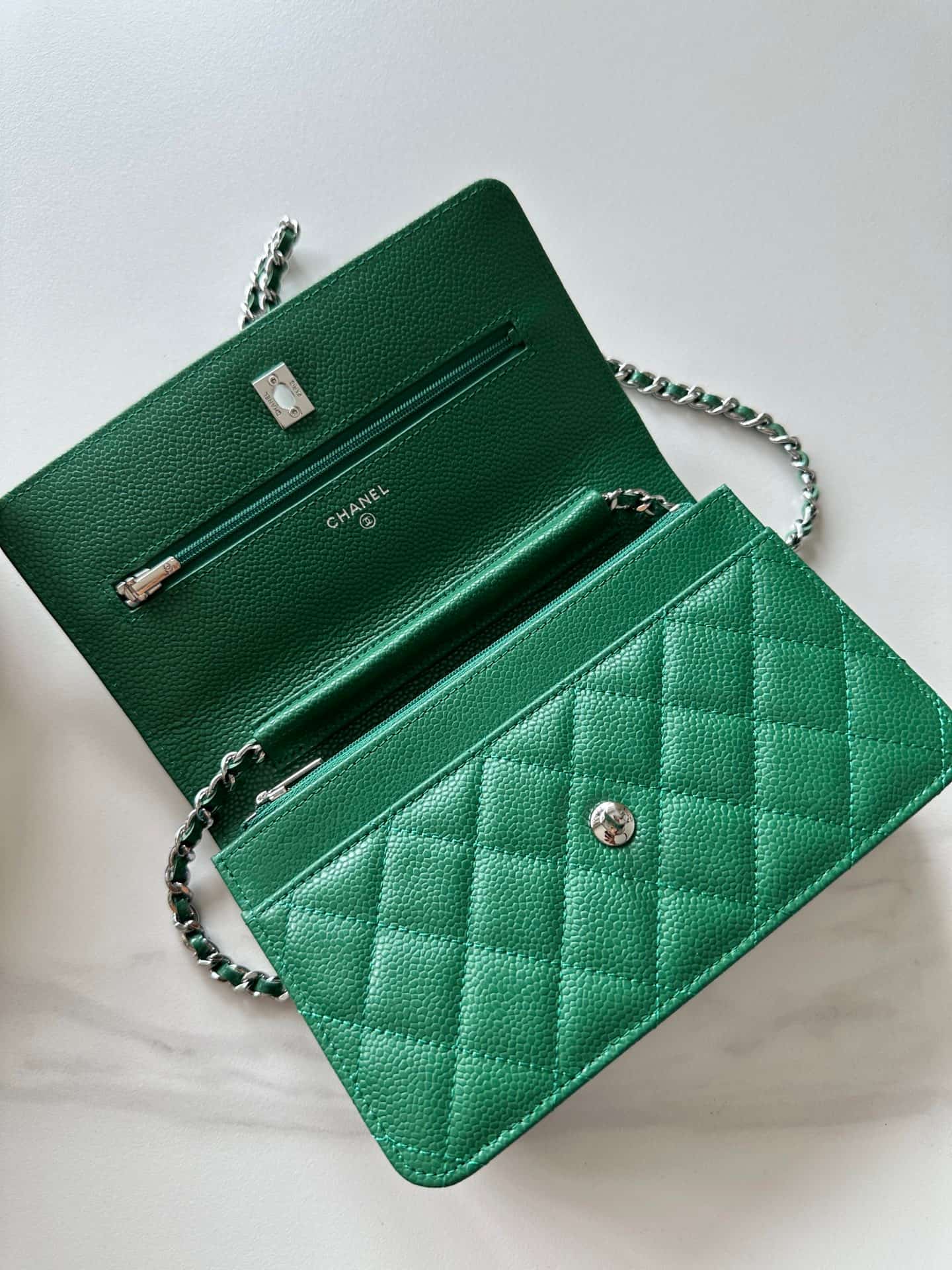 Chanel Classic Wallet on Chain Grained Shiny Calfskin & Silver-Tone Metal AP4241 Green High