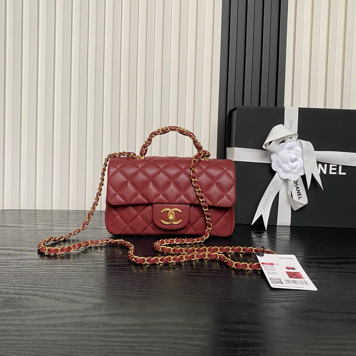 Chanel Mini Flap Bag with Top Handle Grained Shiny Calfskin & Gold-Tone Metal Claret AS5701 A