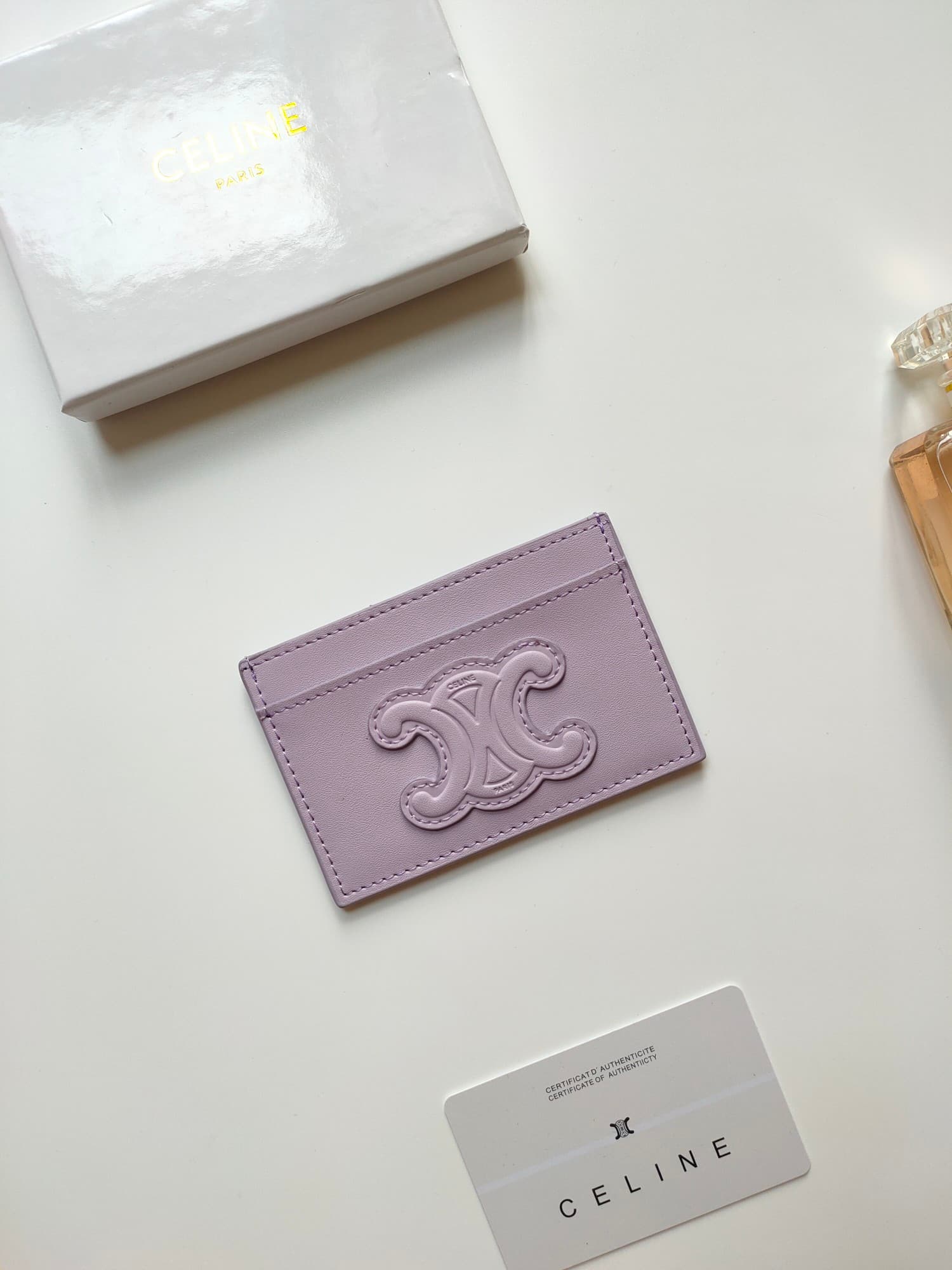 Celine Triomphe card holder in purple shiny calfskin leather 10B703 High