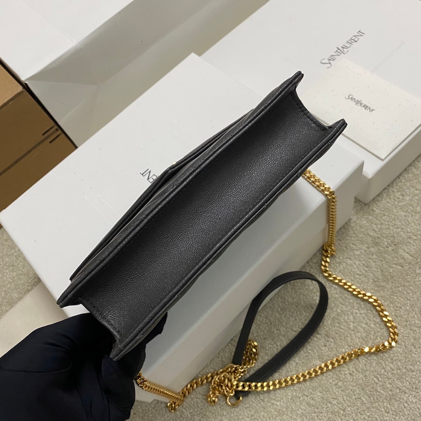 Saint Laurent Monogram Matelassé Cassandre Wallet on Chain Black Lambskin 393953 High