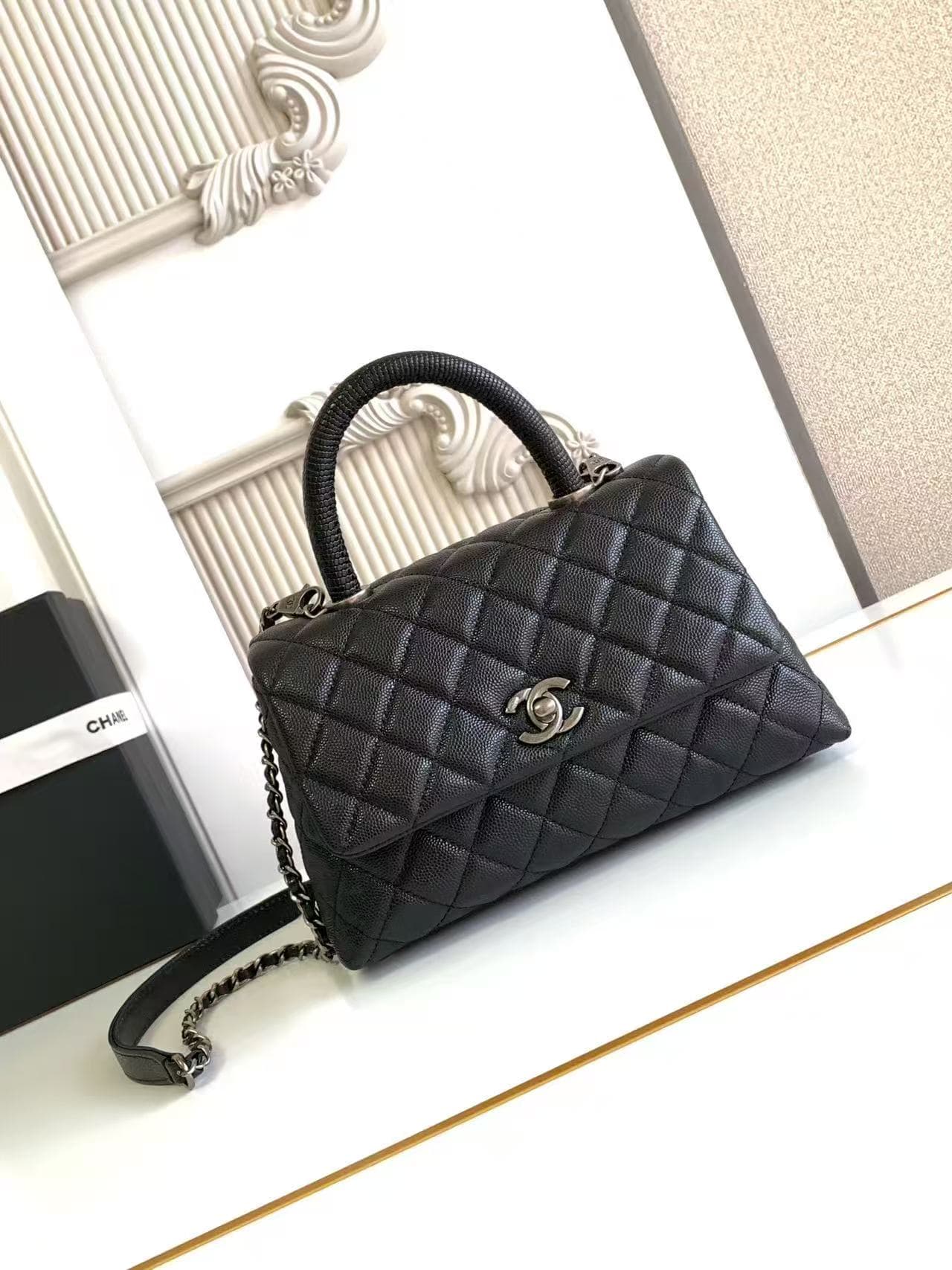 SMALL FLAP BAG WITH TOP HANDLE Grained Calfskin Black-binding Anti-silver Metal High