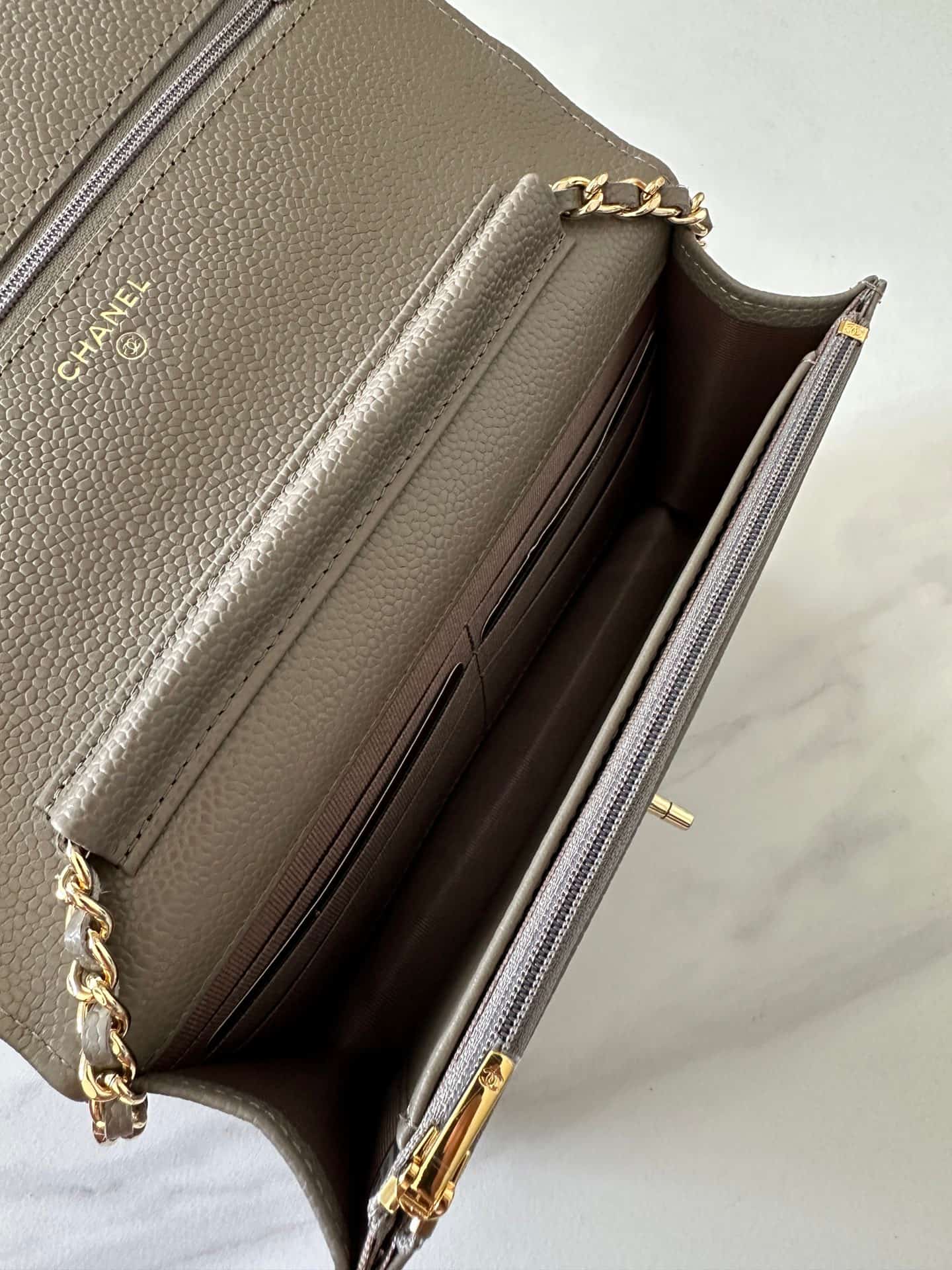 Chanel Classic Wallet on Chain Grained Shiny Calfskin & Gold-Tone Metal AP4241 Grey High