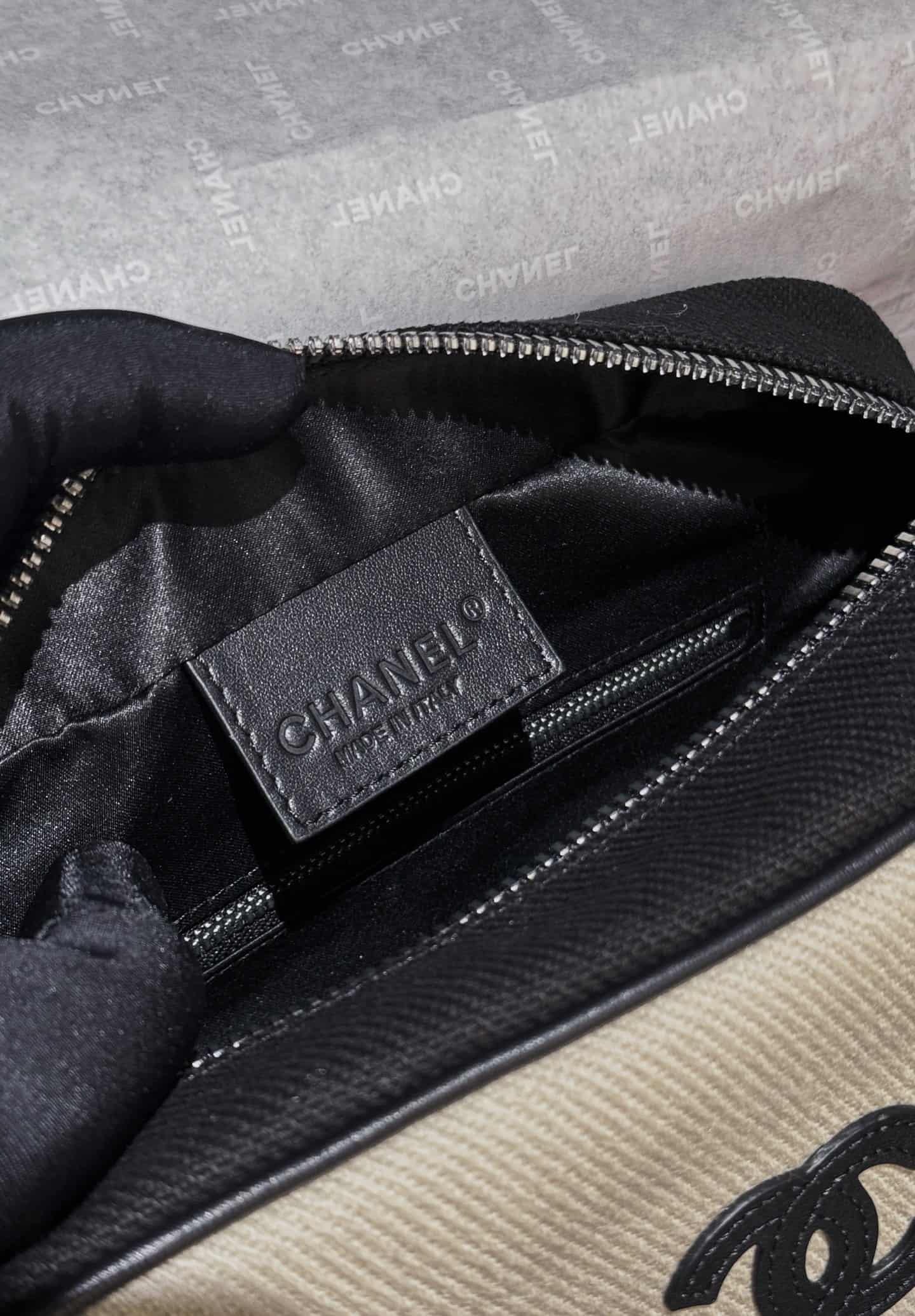 Chanel Small Zipped Pouch Canvas Calfskin Beige & Black AP5266 A