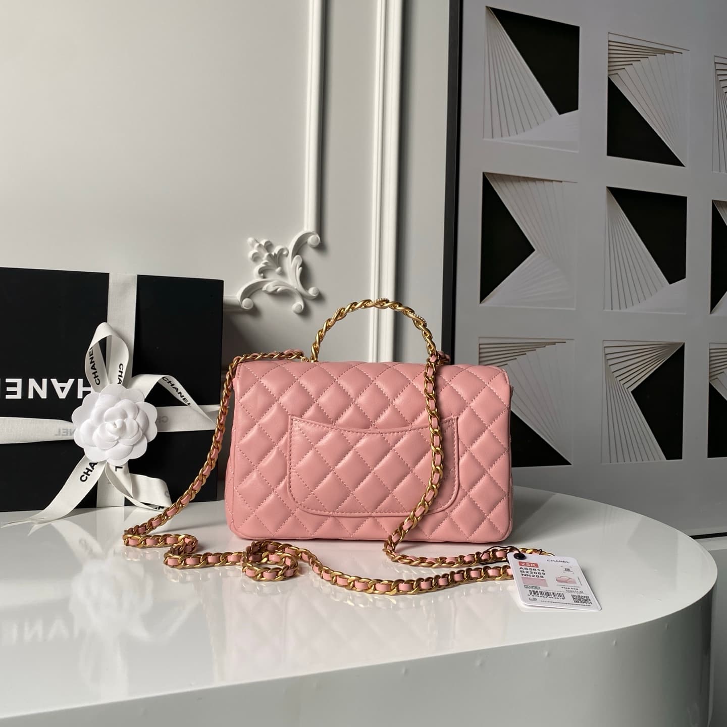 Chanel Small Flap Bag with Top Handle Lambskin& Gold-tone Metal Light Pink AS5814 A