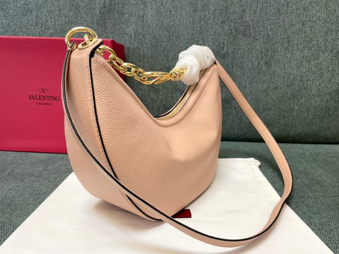 Valentino Garavani VLogo Moon small hobo bag in Light Pink grained calfskin High