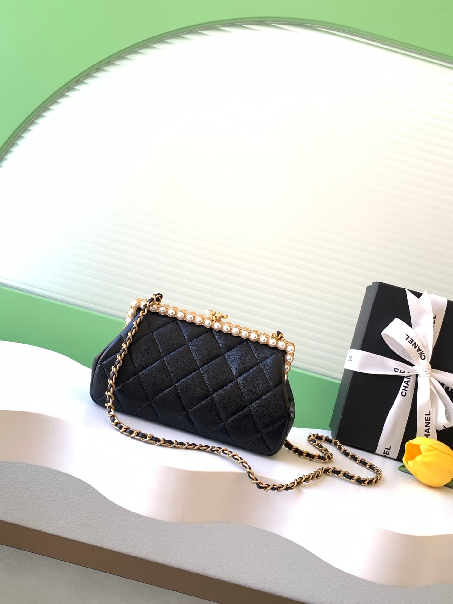 Chanel Pearly Lambskin Imitation Pearls & Gold-Tone Metal Black AS5912 A