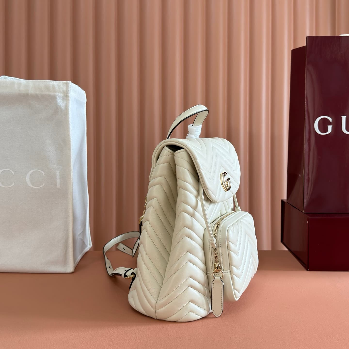 Gucci GG Marmont Small Backpack White Matelassé Chevron Nappa Leather 861878  High
