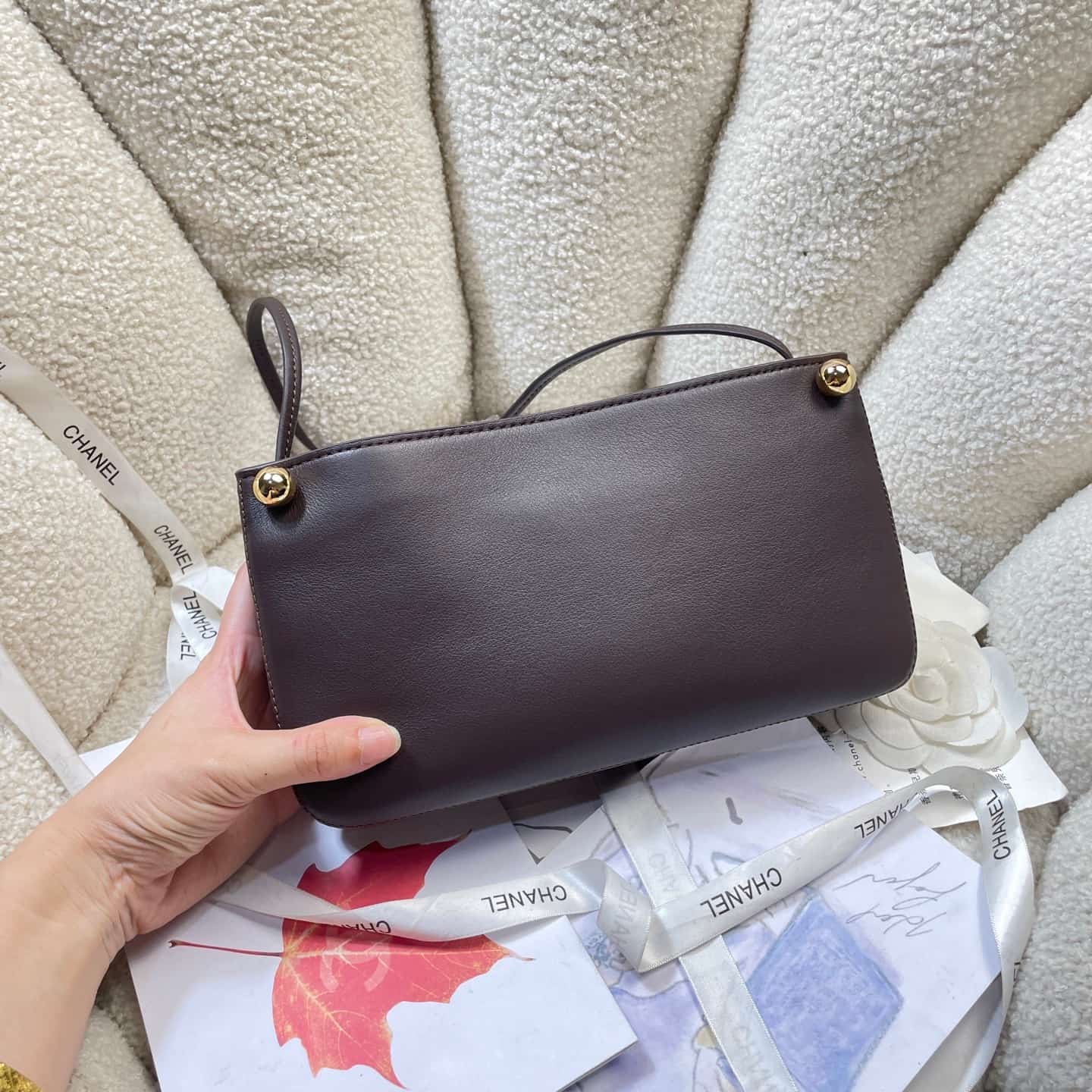 Chanel Shoulder Bag Shiny Calfskin& Gold-Tone Metal Dark Brown AS6238 High