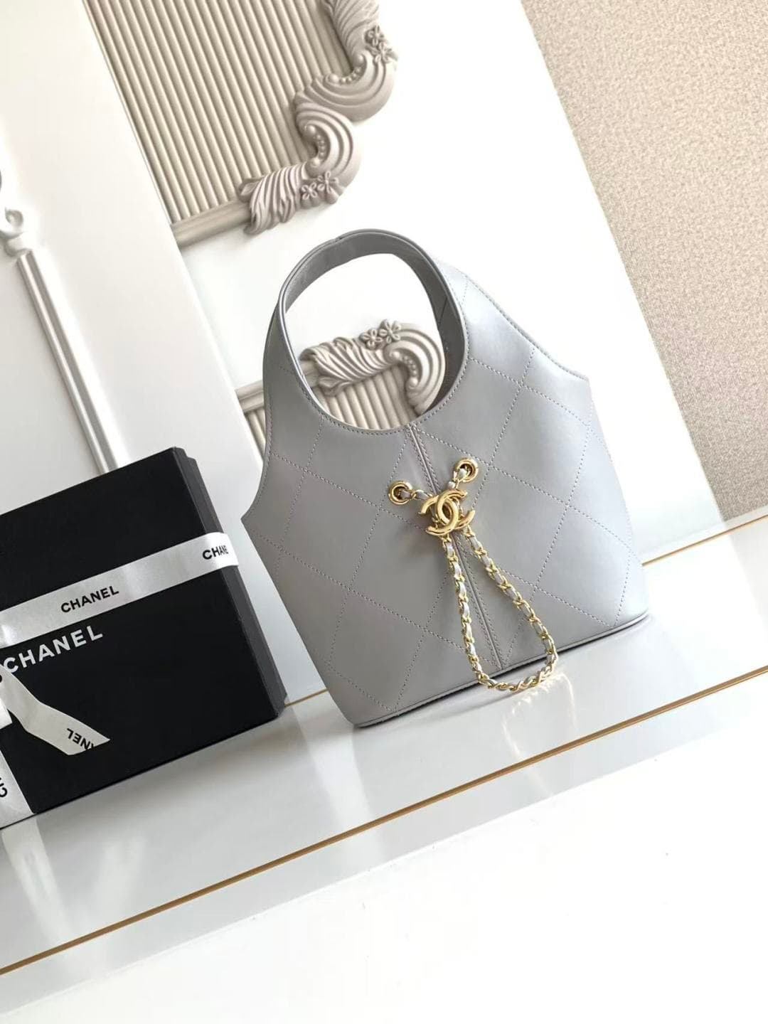 Chanel Small Shopping Bag Grey Leather & Gold-Tone Metal AS6132 A