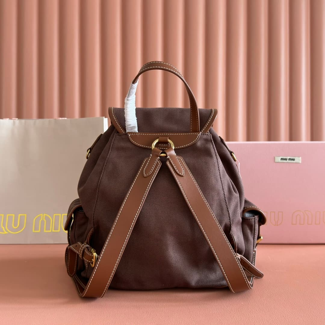 Miu Miu Cornflower Cord Brown/brandy Denim Backpack 5bz042 High