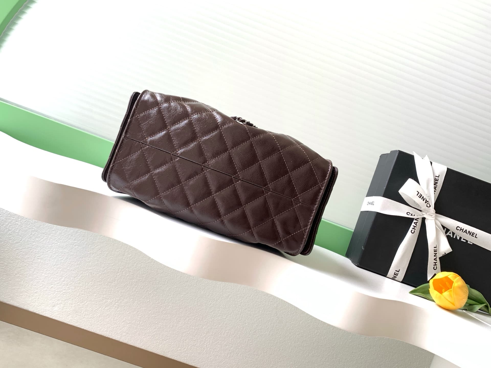 Chanel 25 Small Hobo handbag AS5293 Shiny calfskin&Silver-tone metal Drak Brown A