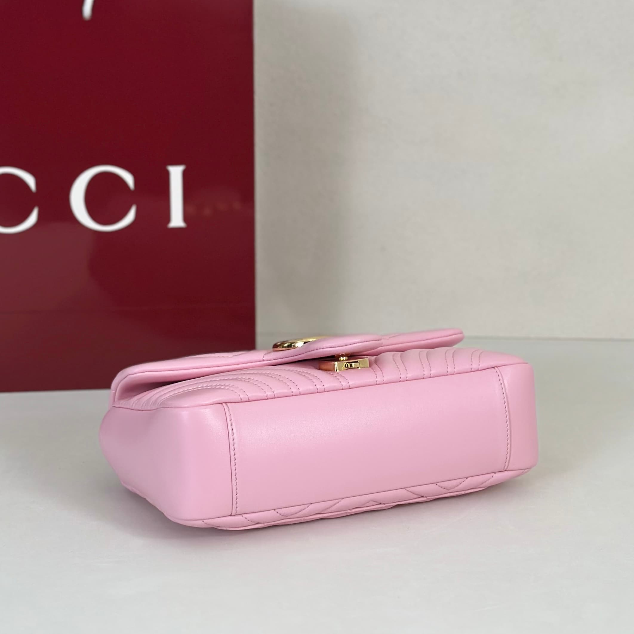 Gucci GG Marmont Medium Shoulder Bag Light Pink Matelassé Chevron Nappa Leather 837267 High