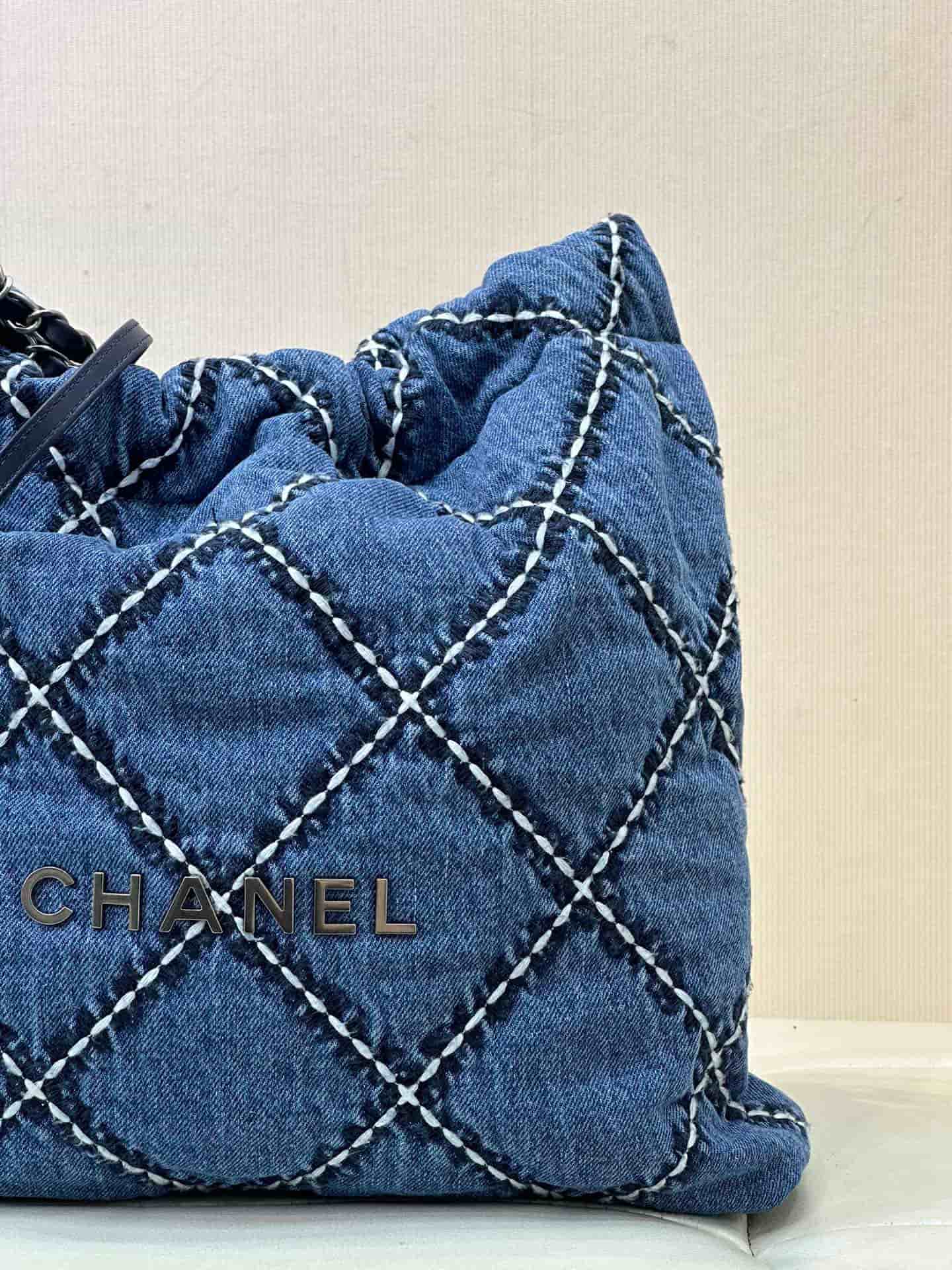 Chanel 22 Small handbag Washed denim studs & silver-tone metal AS3260 Blue TOP