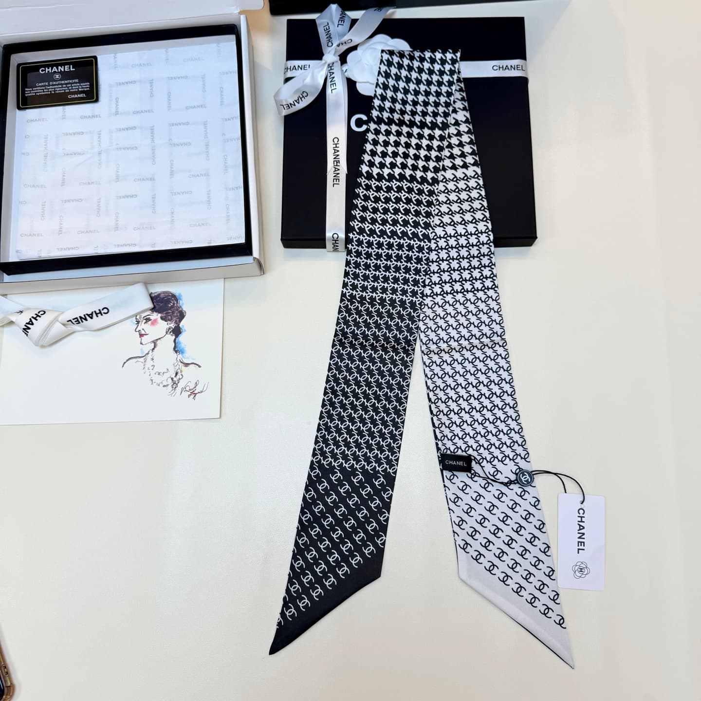 Chanel Silk Twill Houndstooth Slim Bandeau Scarf