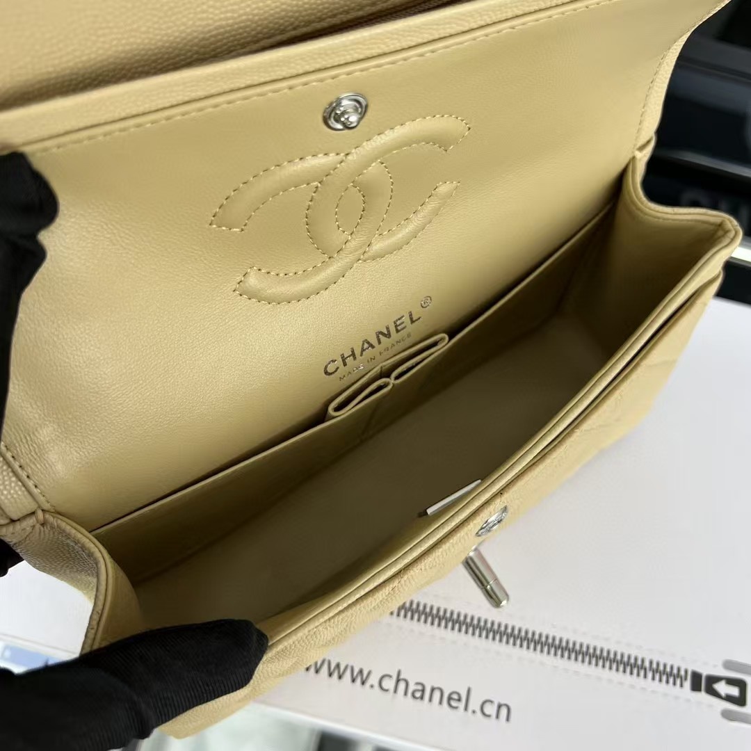 Small CLASSIC HANDBAG Grained Calfskin Sliver Metal Beige-E A