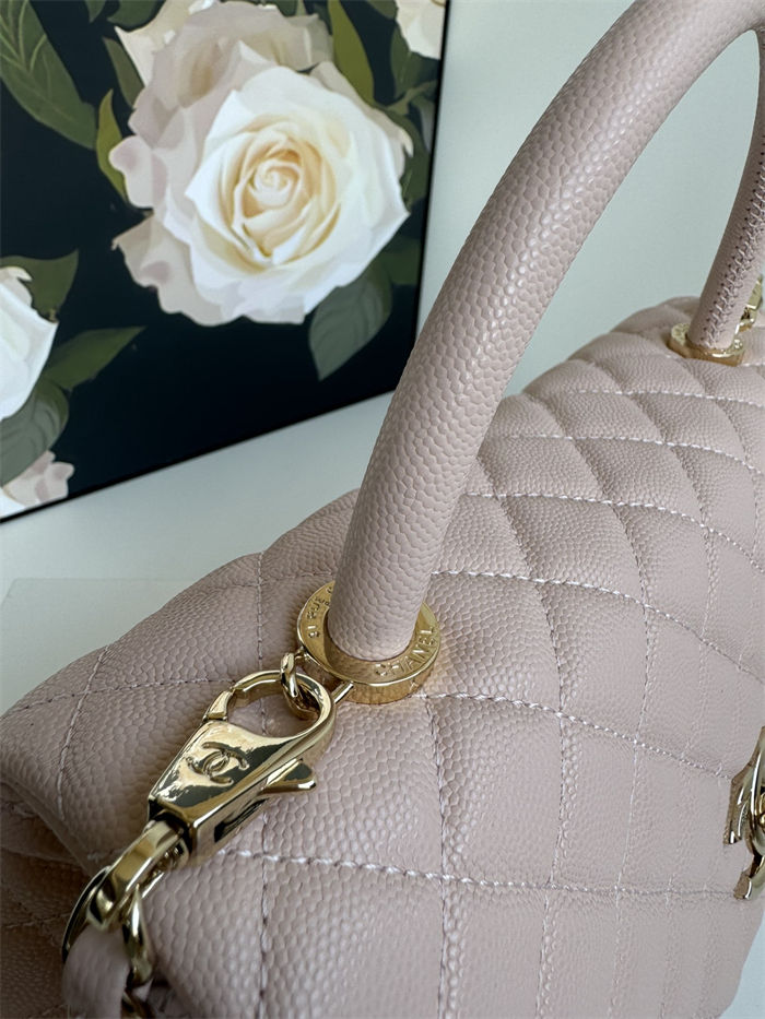 Medium FLAP BAG WITH TOP HANDLE Grained Calfskin Pink Gold Metal High