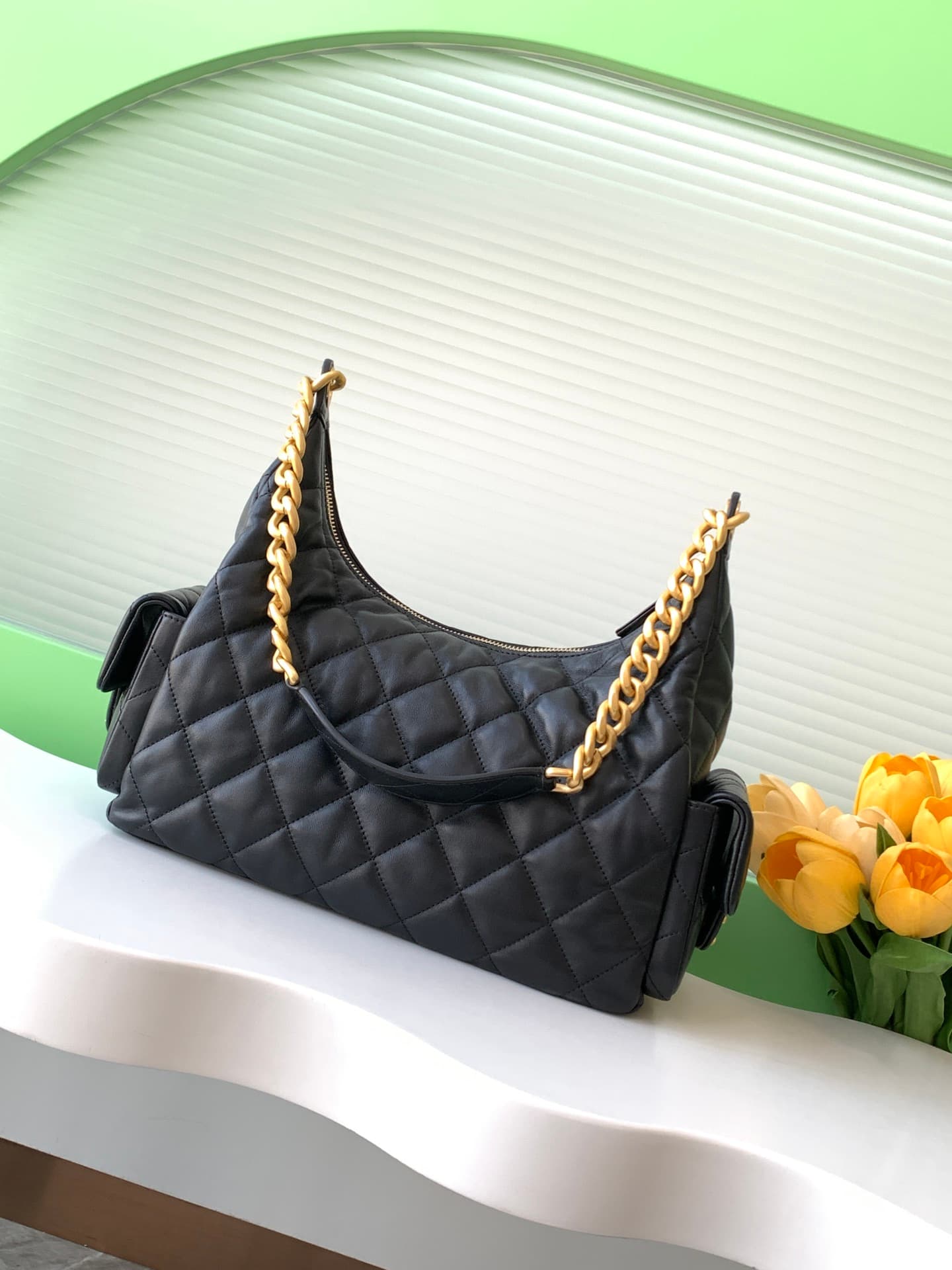 Chanel Trendy Pockets Hobo Bag Lambskin & Gold Metal Black AS5302 A