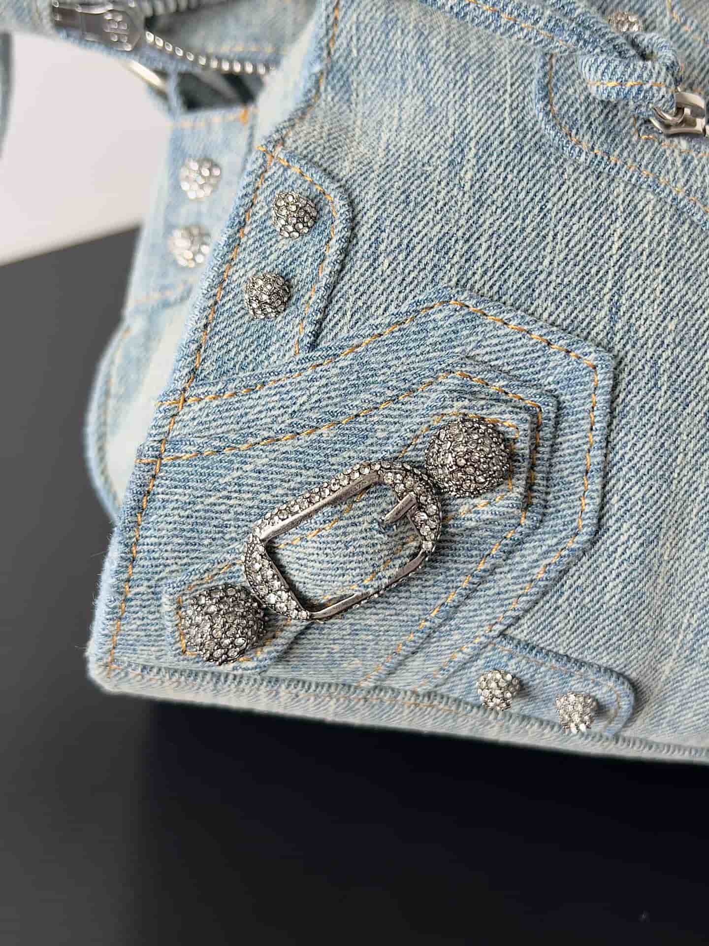 Balenciaga Small Neo Cagole City bag in Washed Frayed Denim with crystal High
