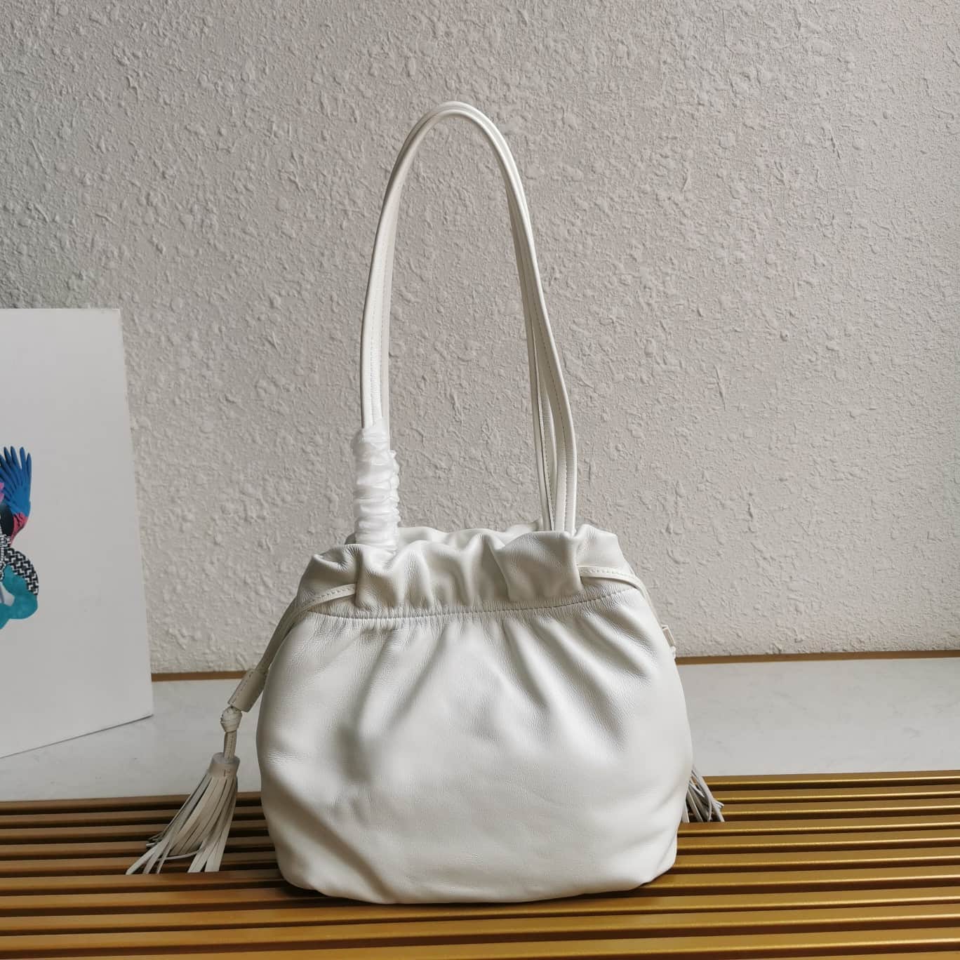 Prada Nappa Drawstring Tote Bag Lambskin White 1BG541 High