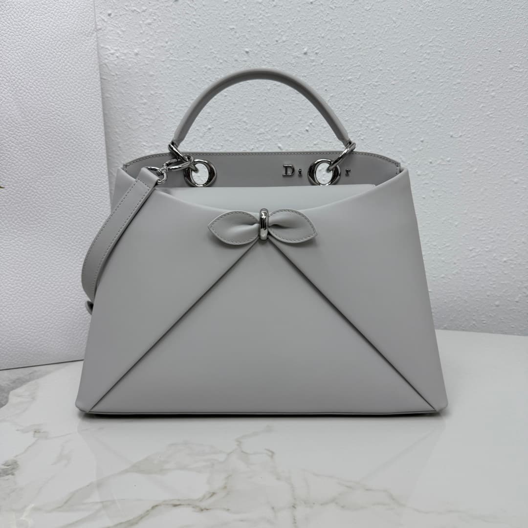 Large Dior Cigale Bag Grey Shiny Supple Calfskin High