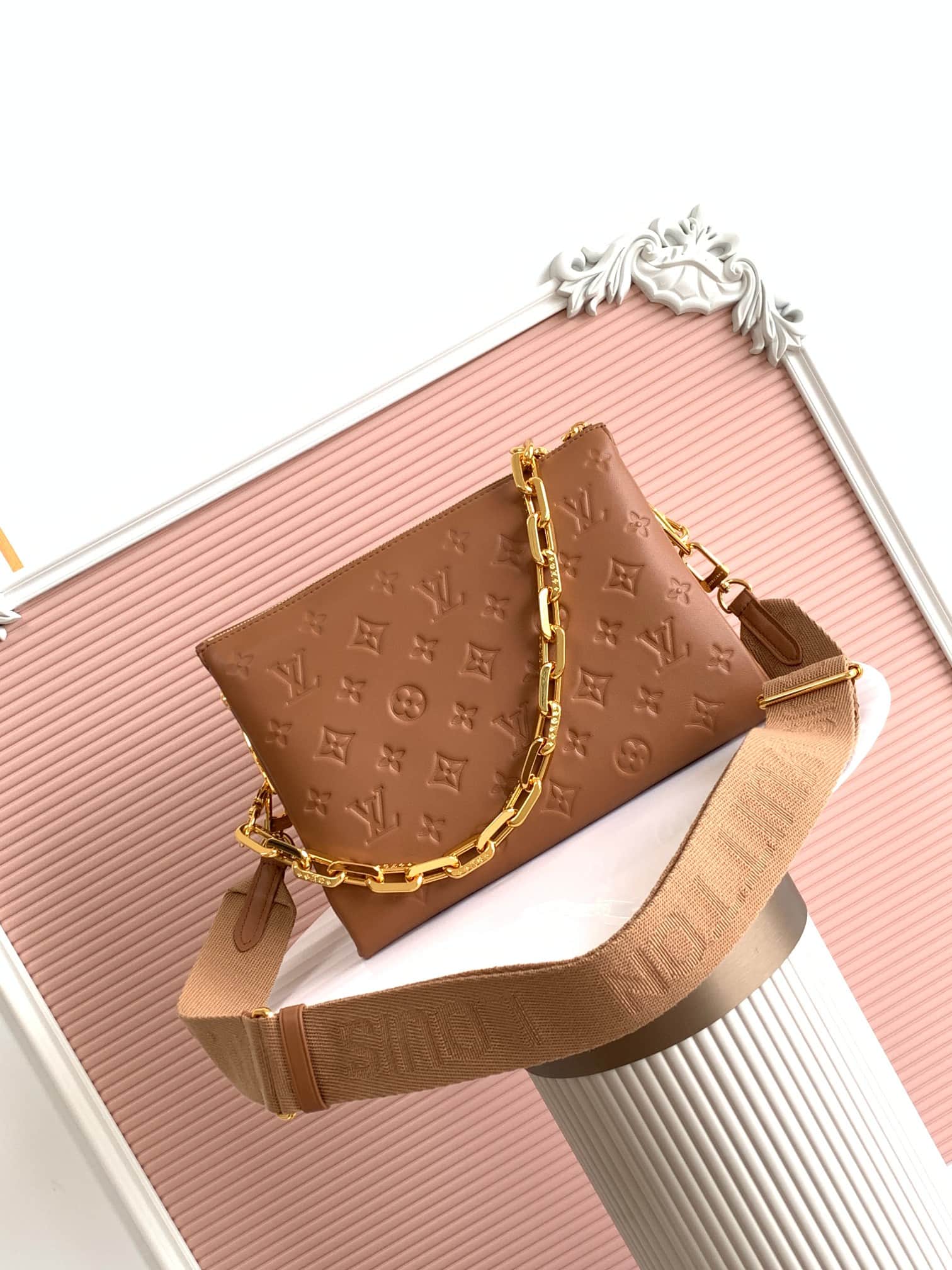 Louis Vuitton Coussin PM Camel Monogram-embossed puffy lambskin M21261 High