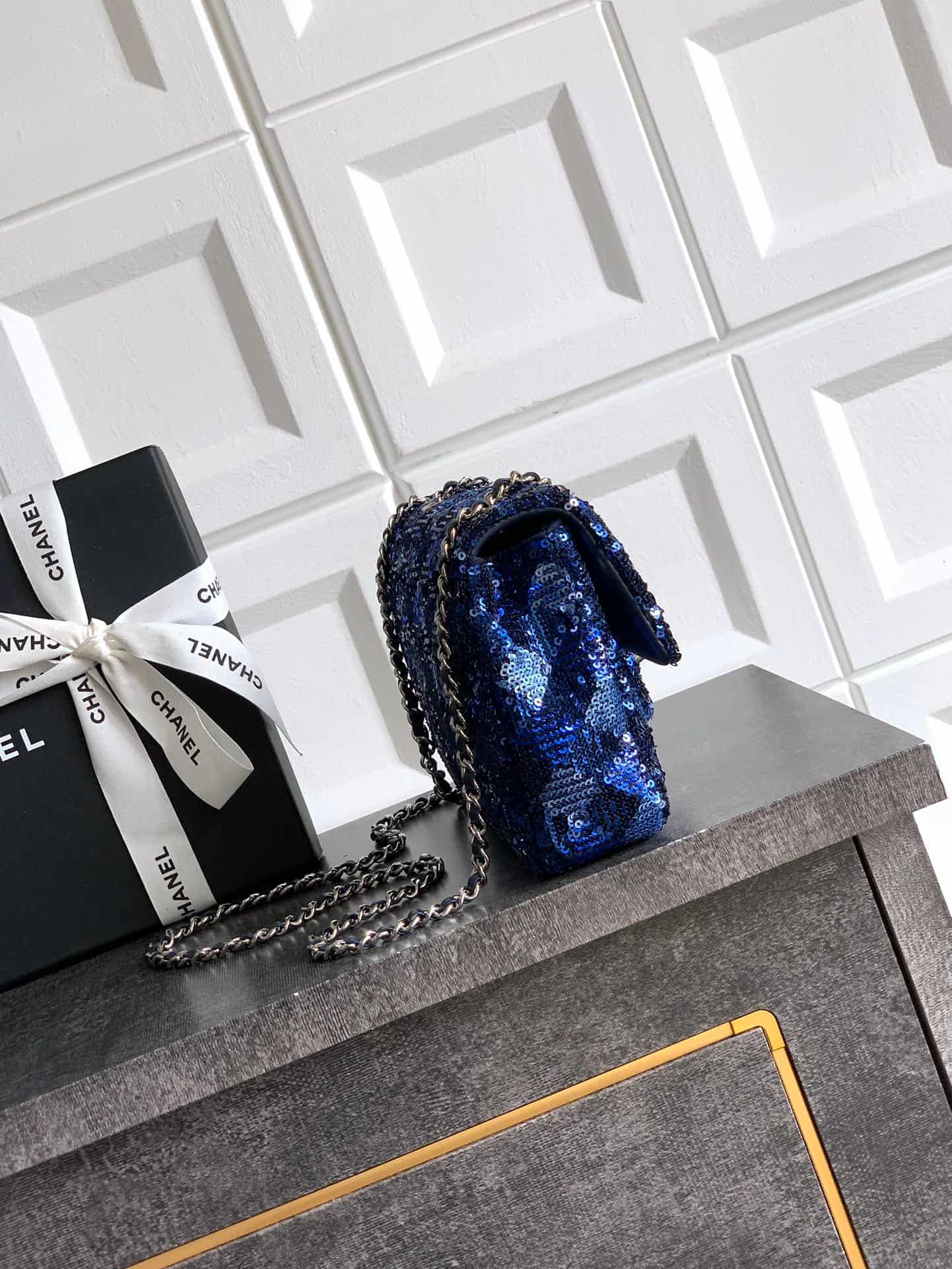 Chanel Classic Mini Flap Bag Sequins Embroidery & Gold-Tone Metal Blue 6171 A